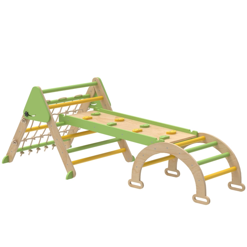 8-in-1 Montessori Climbing Frame Triangle Arch Slide - Wooden Green