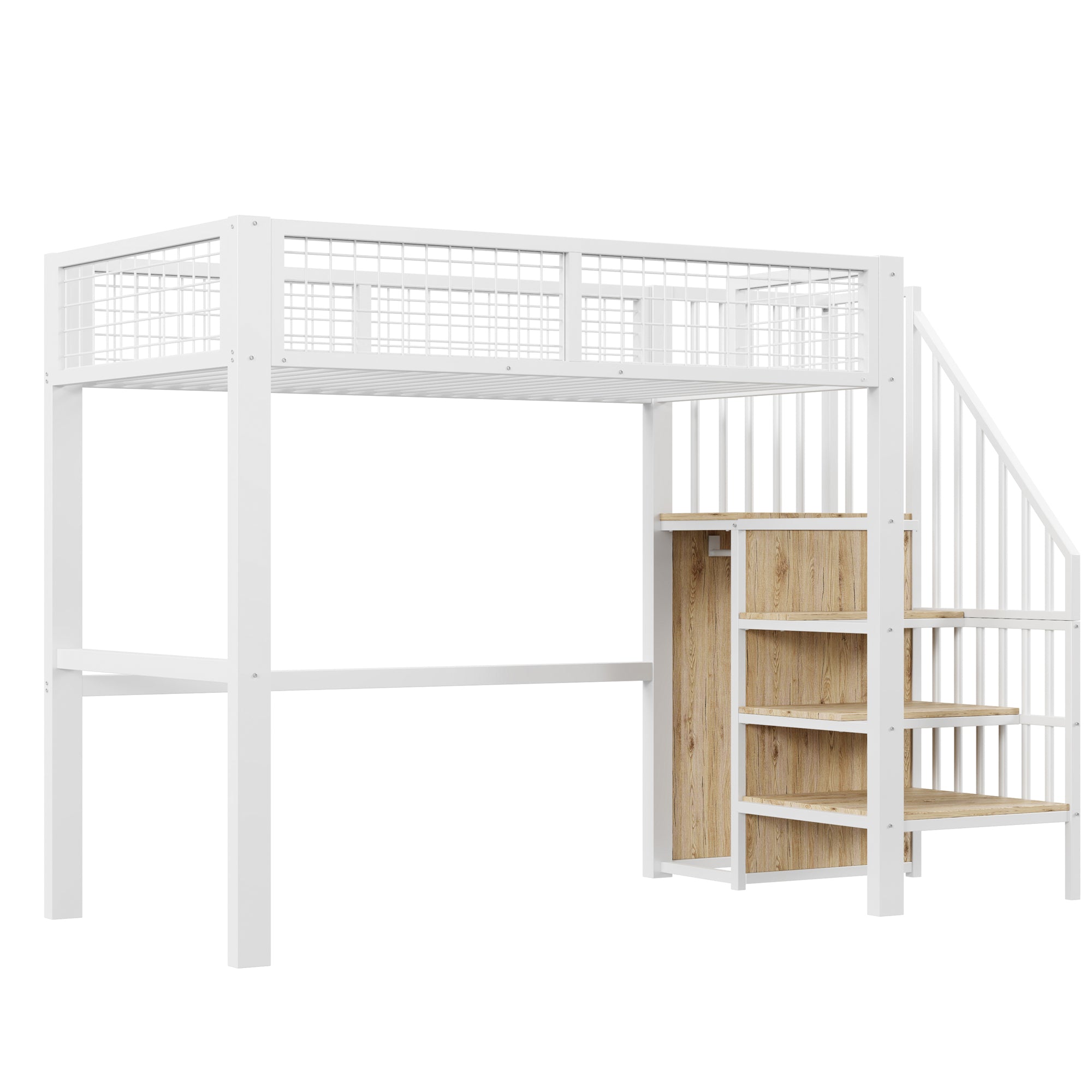 Loft Bed with Ladder, Iron Frame & Storage Shelf, White
