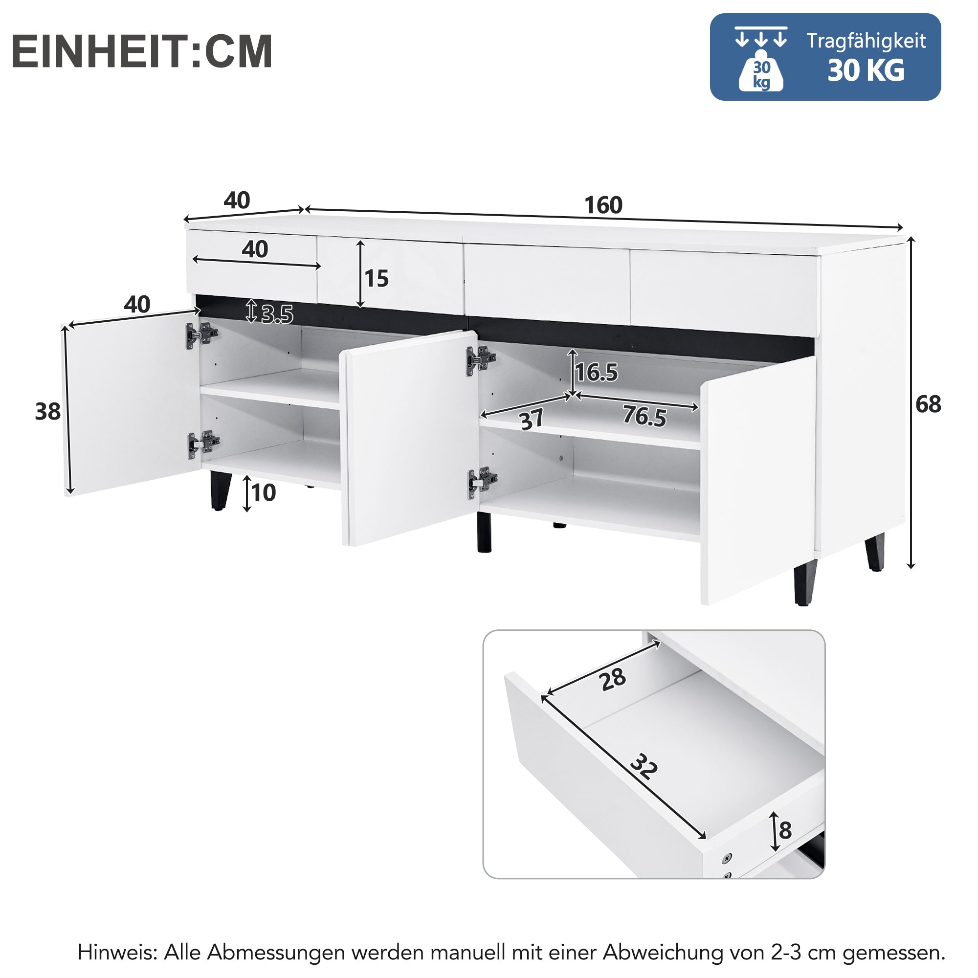 N625P228826849W Sideboard with 4 Drawers, 2 Doors & Adjustable Shelves, High-Gloss White