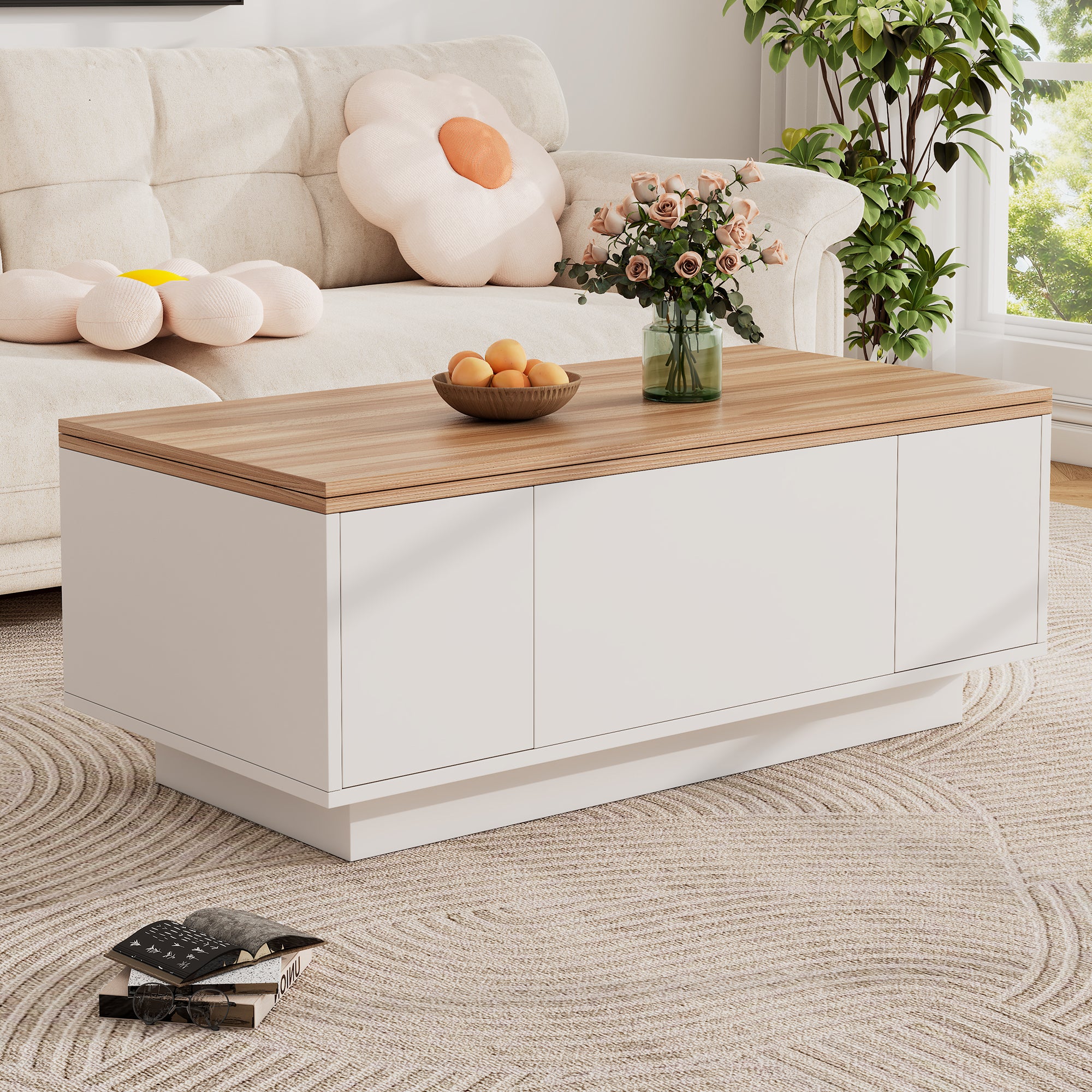 Lift Up Coffee Table Hidden Storage, 2 Lifting Platforms, White + Wood Particleboard