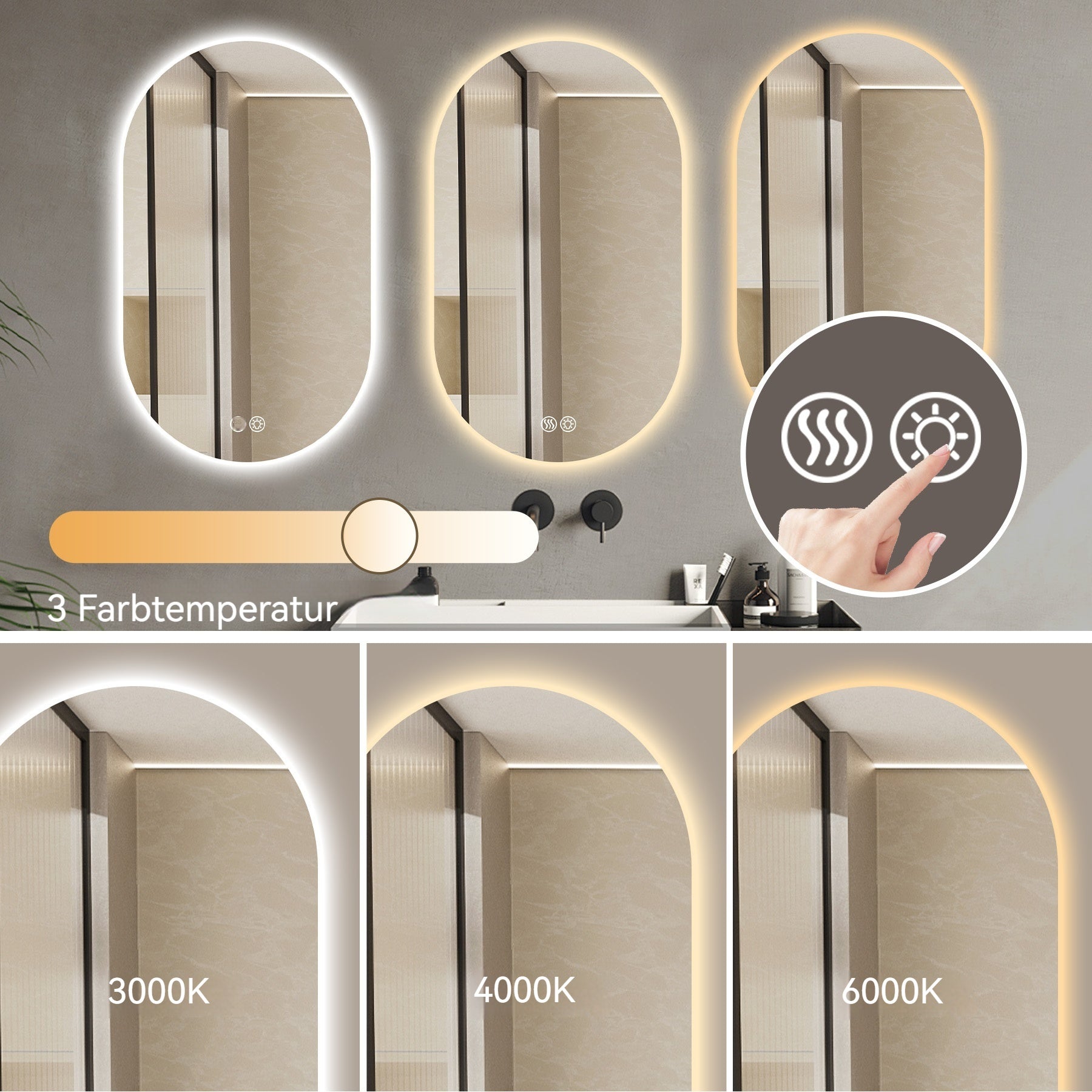 Smart Wall Mounted LED Mirror 60x90cm Anti-Fog Touch Screen Silver Glass