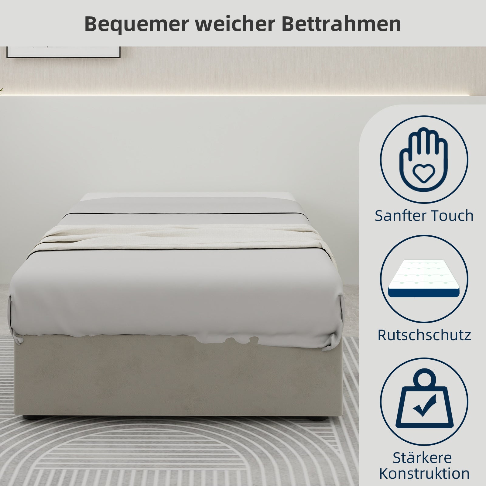 Modern Minimalist Bed Frame, 90x200 cm Gas Lift Storage, Beige Dutch Velvet