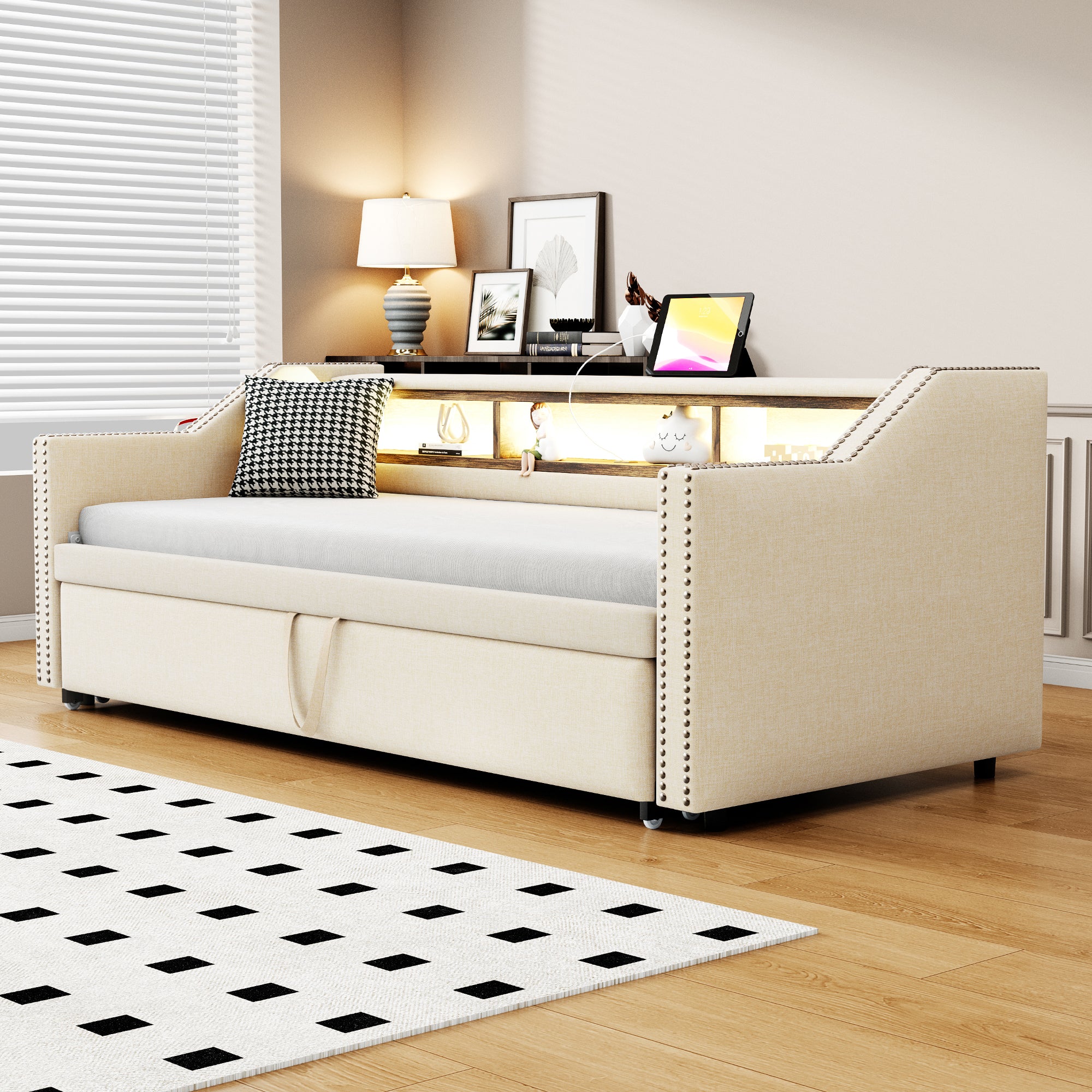 Upholstered Sofa Bed, Pull-Out with Storage, LED & USB, Beige