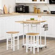 Kitchen Island Set with 2 Stools, Drop Leaf Top, Drawers & Towel Rack, Bamboo White