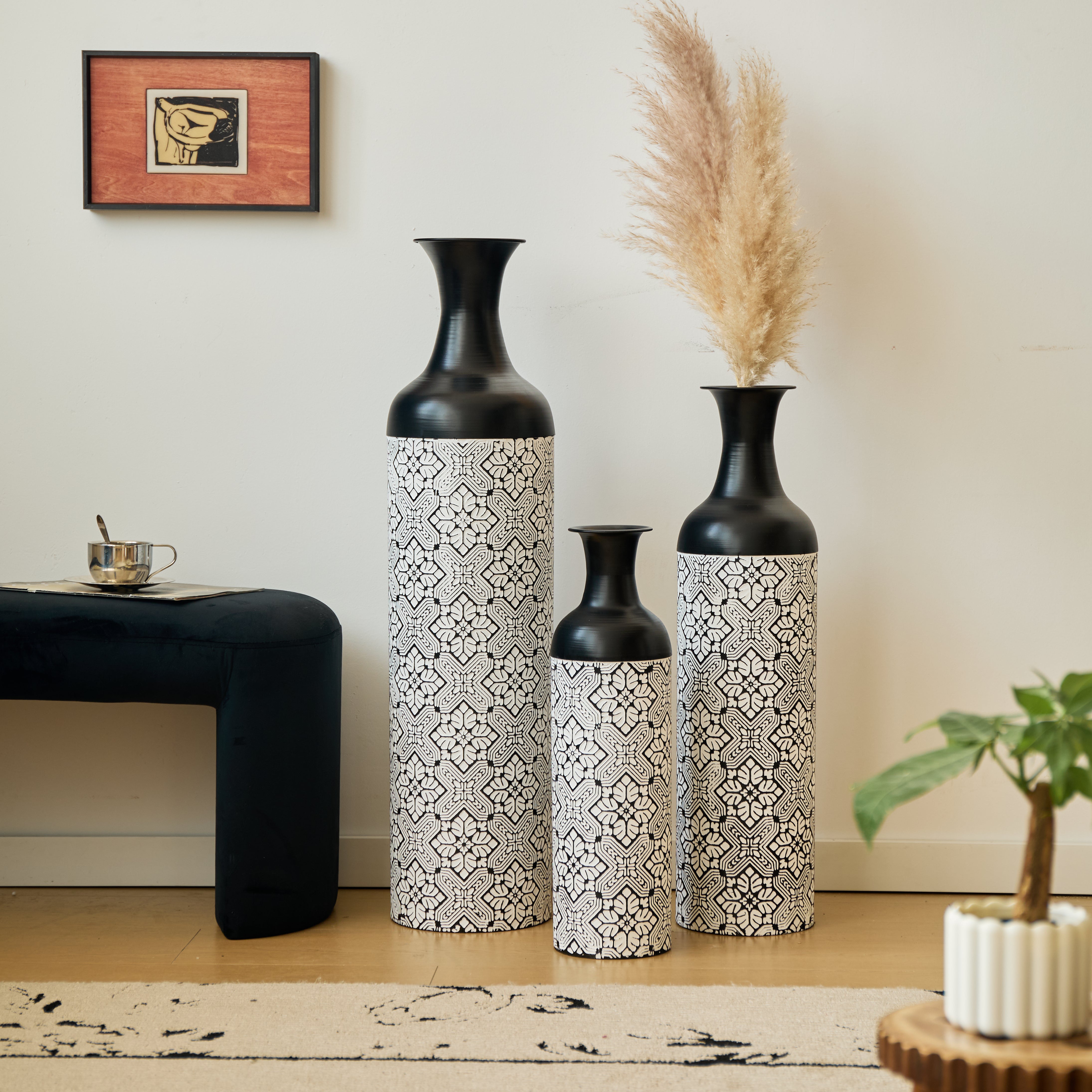 Floor to Ceiling Vase Set, 3-Piece Retro 83/65/50cm Decorative, Black and White Metal