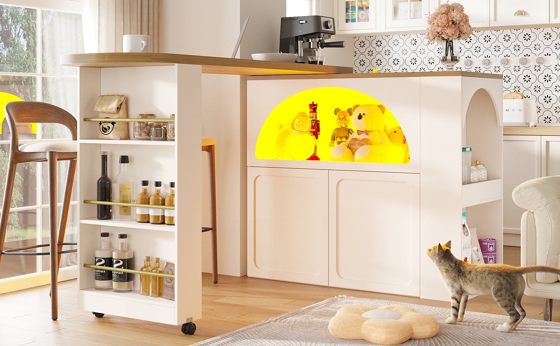 Extendable Bar Table Storage LED Curved Door Design - White