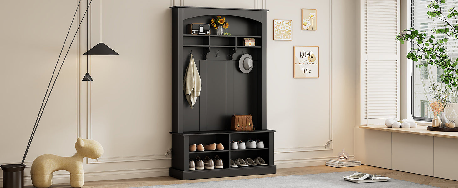 Wardrobe set with bench and shoe rack, multifunctional storage, black