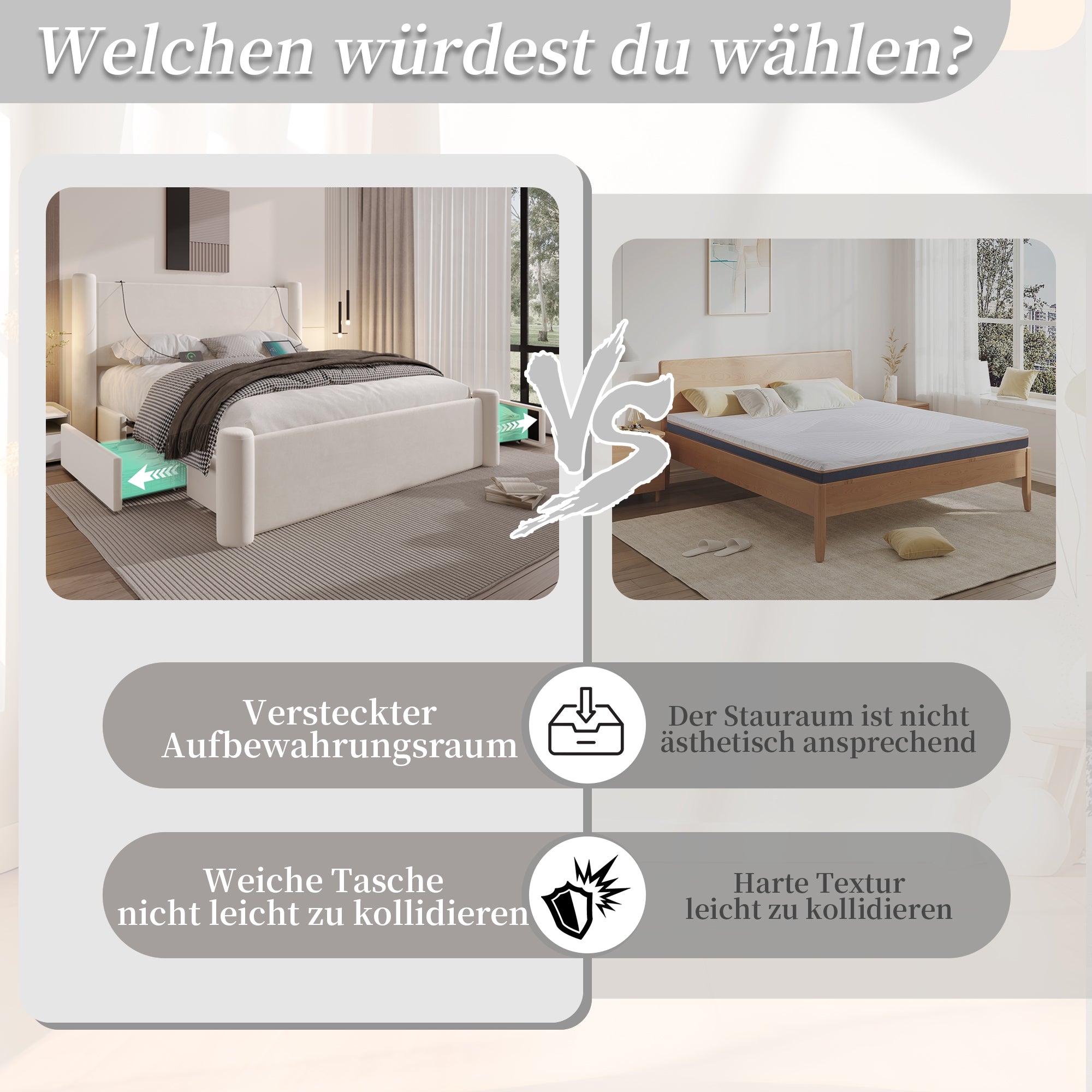 Bed Frame, 160x200cm, 3D Column, Padded Headboard, 2 Storage Drawers, USB, Black