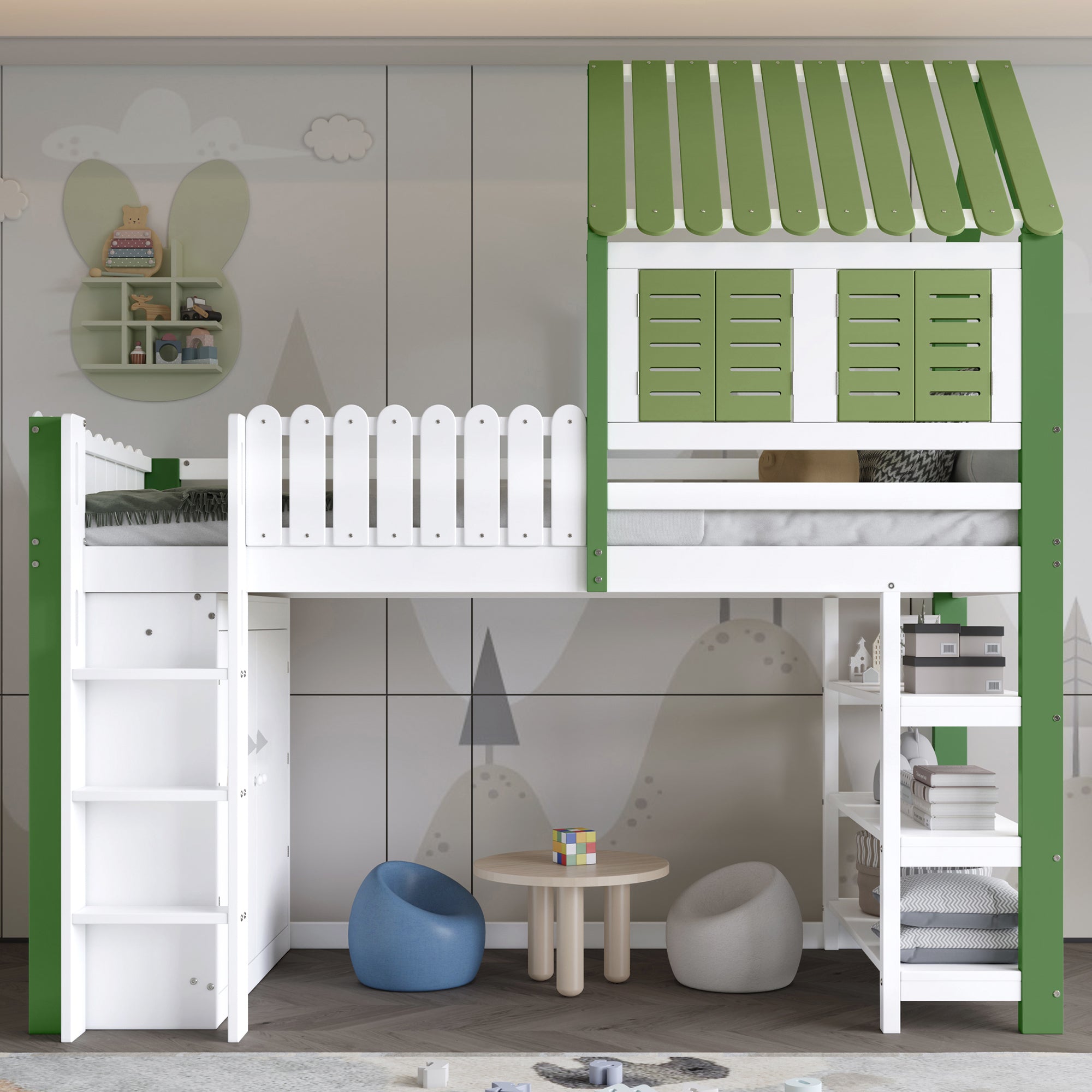 Loft Bed, Children's with Wardrobe & Ladder, Pine+MDF+Plywood, White+Green