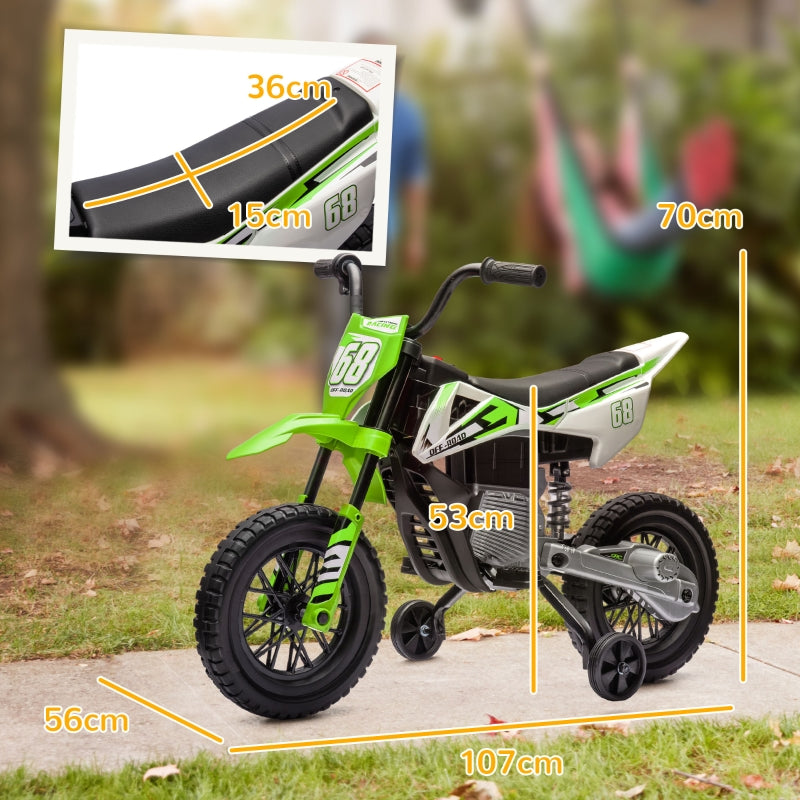 AIYAPLAY Electric Motorcycle for Kids, 12V with music and training wheels, green