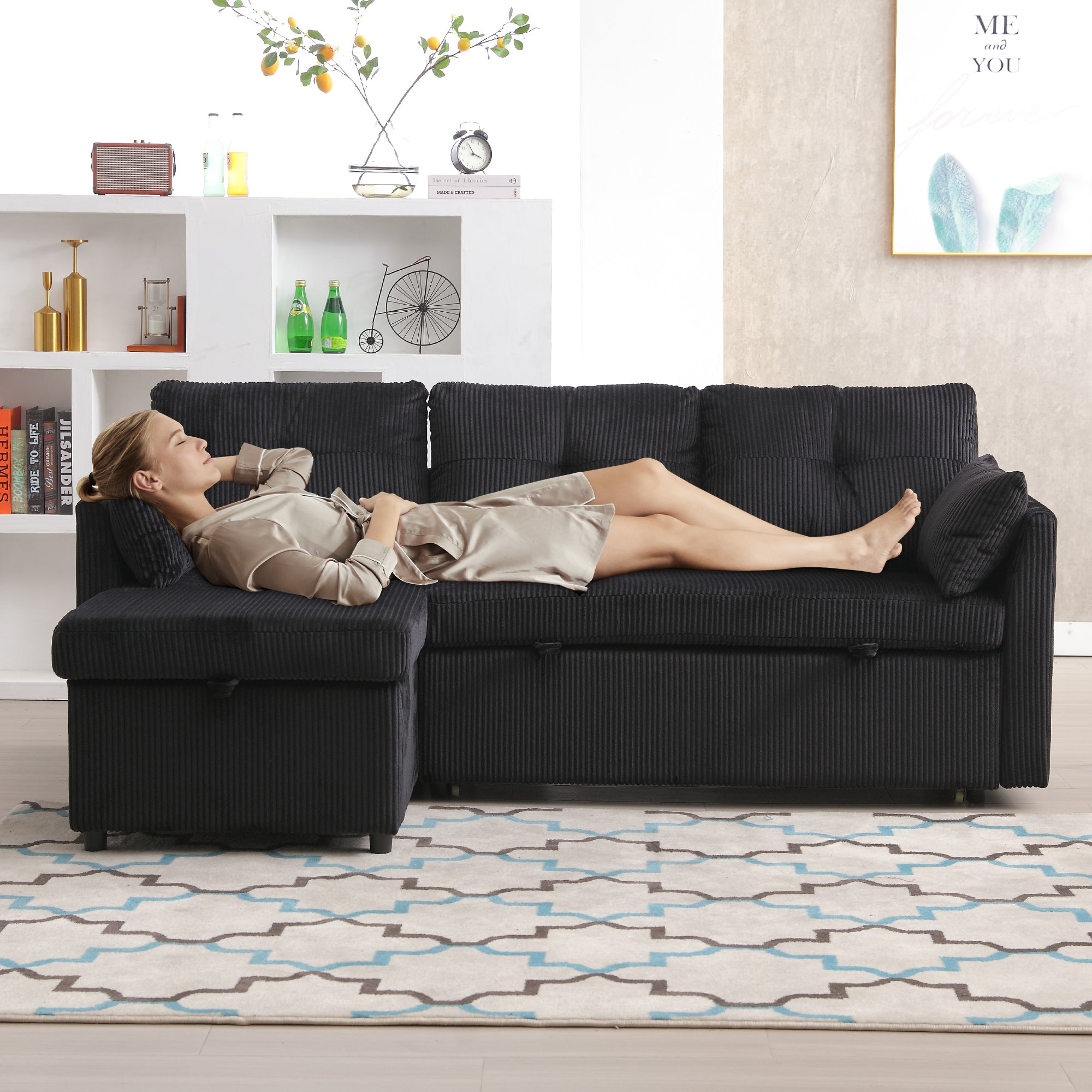 Sofa Bed, Multi-functional with Storage & Pull-Out Bed, L-Shaped Sectional