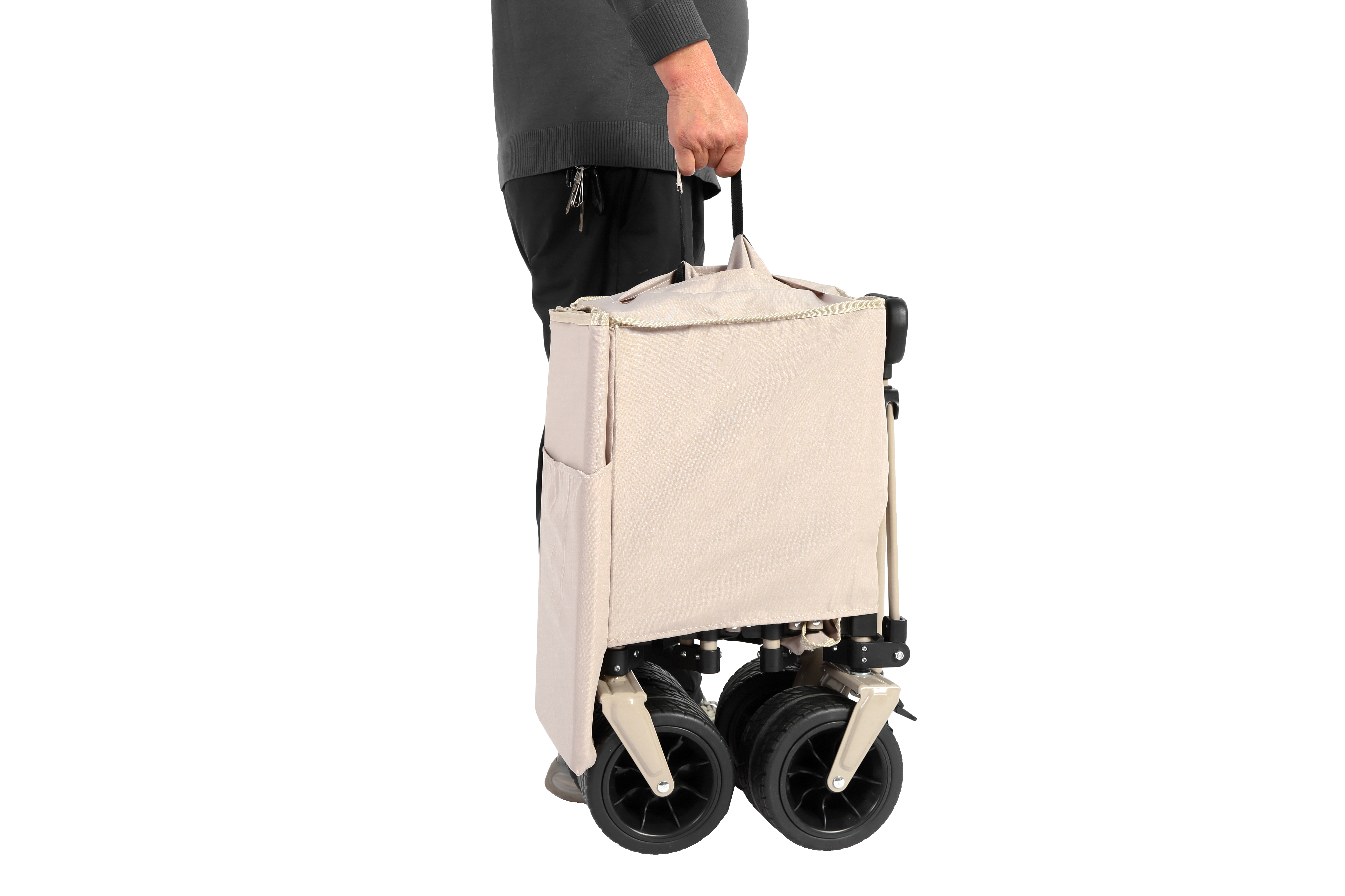 Foldable Extended Wagon, 220lbs Capacity, 300L Utility Cart, All-Terrain Wheels, Drink Holders, Beige