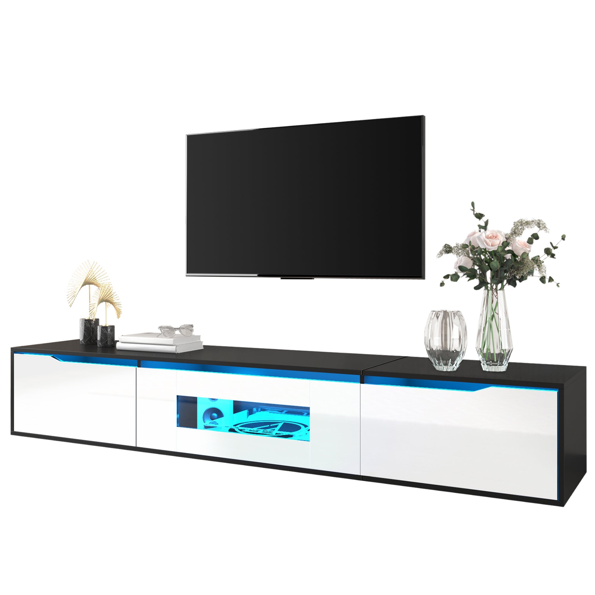 High-gloss TV Cabinet, 180cm LED USB Wall-Mounted Black & White