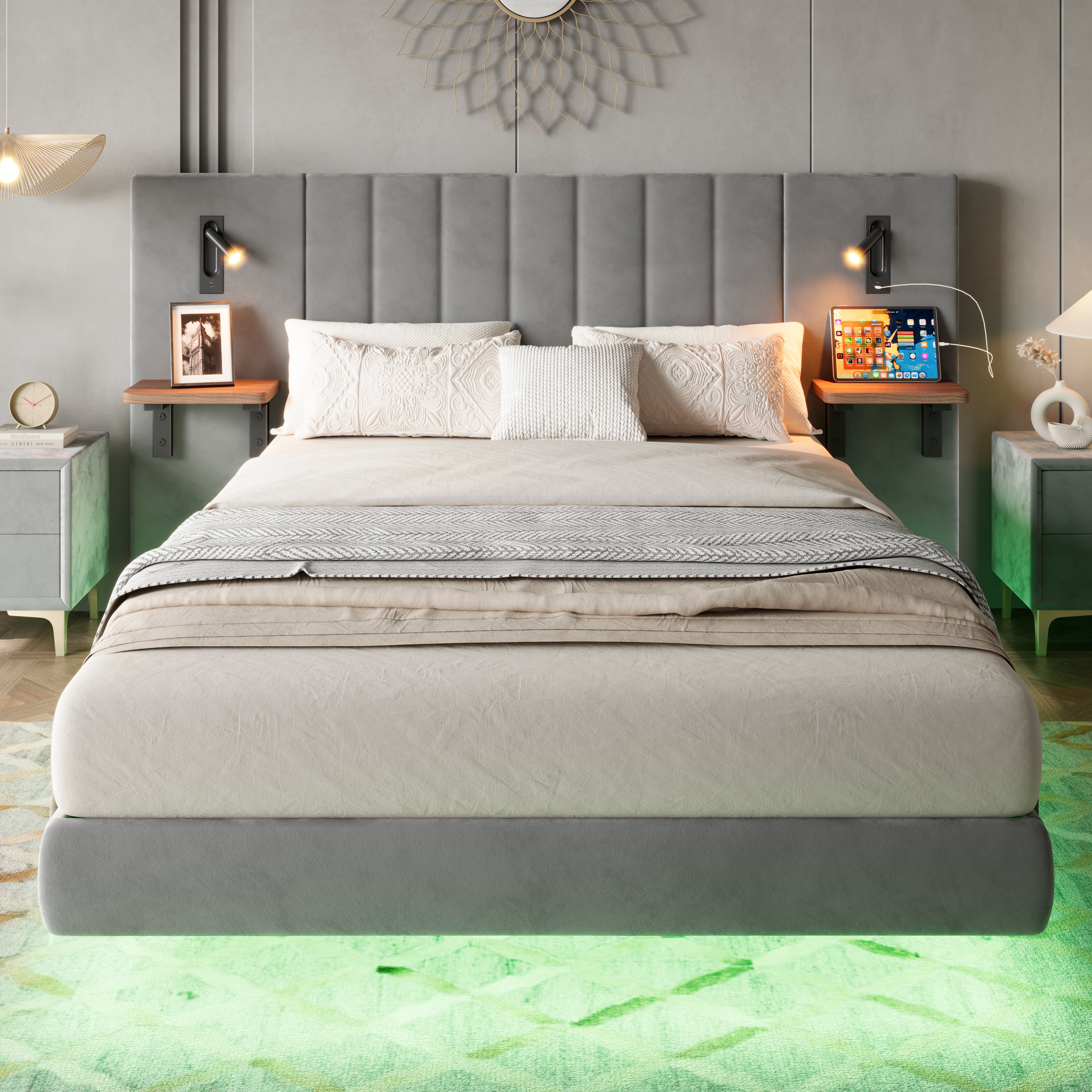 Upholstered Bed with Lamps, Charging Socket, Storage, and Light Strip, Velvet+Iron Grey