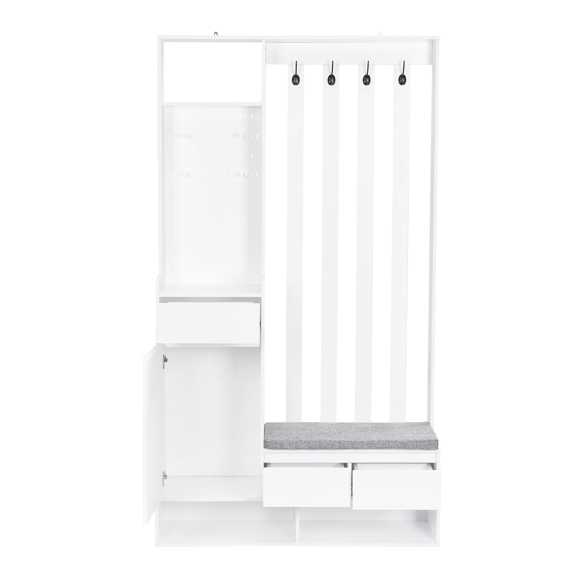 Hallway coat rack with padded storage bench and pegboard, with 4 hooks, white