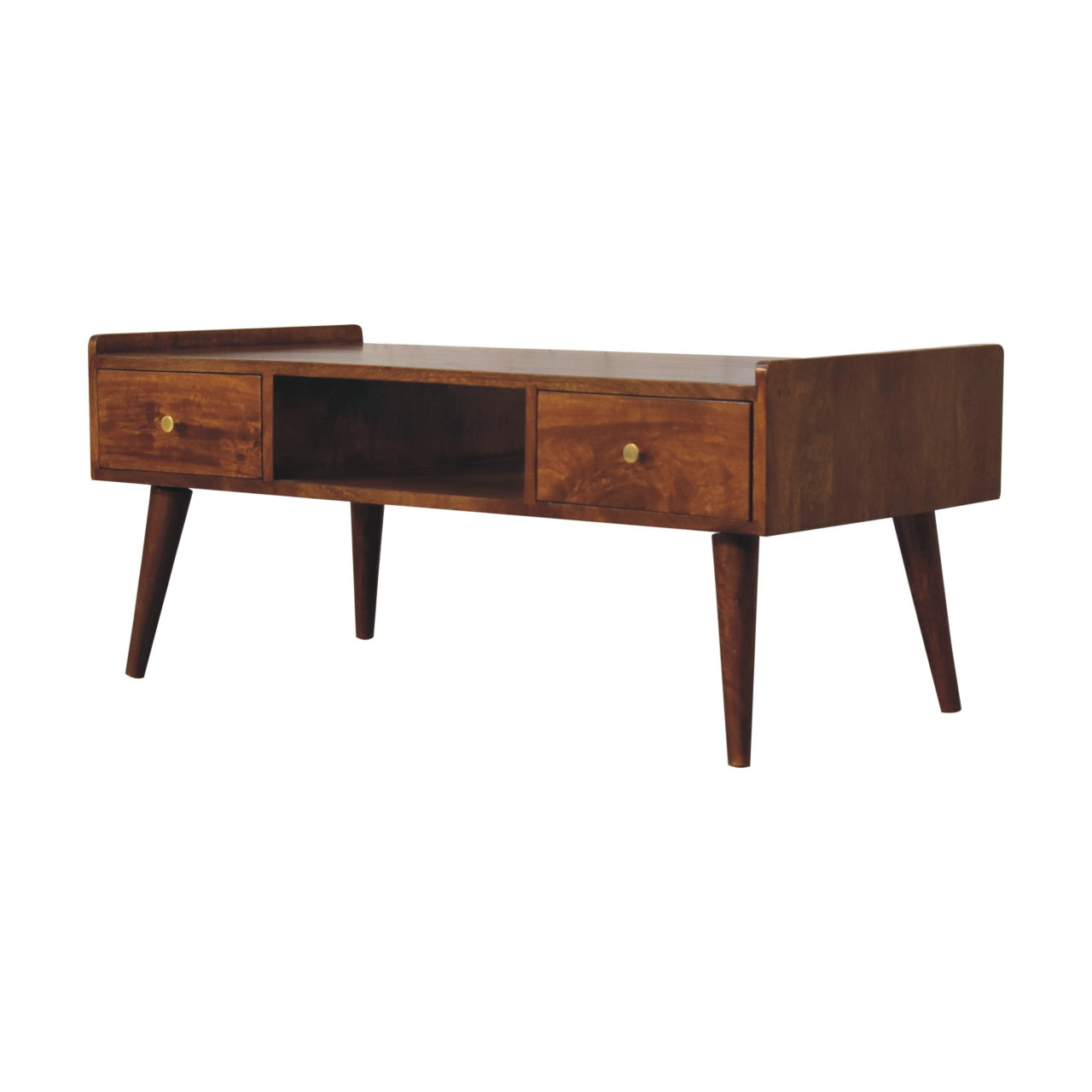 Media Unit, Elevated with 4 Drawers and Open Slot, Solid Wood Dark Brown