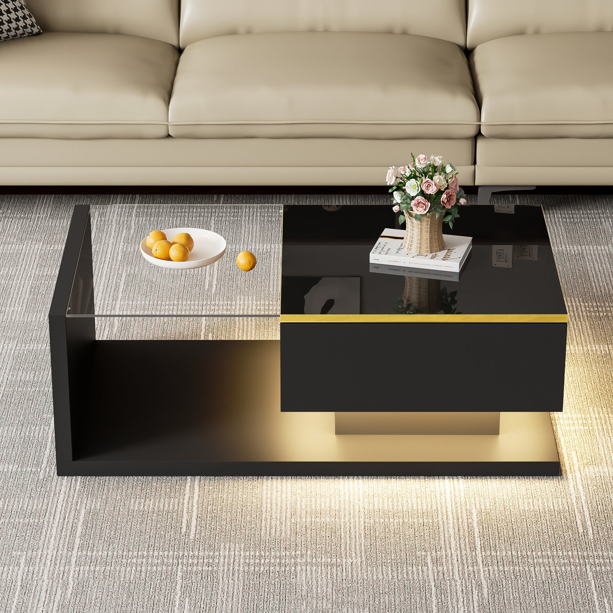 90 cm Coffee Table with Glass & LED, High-Gloss Black