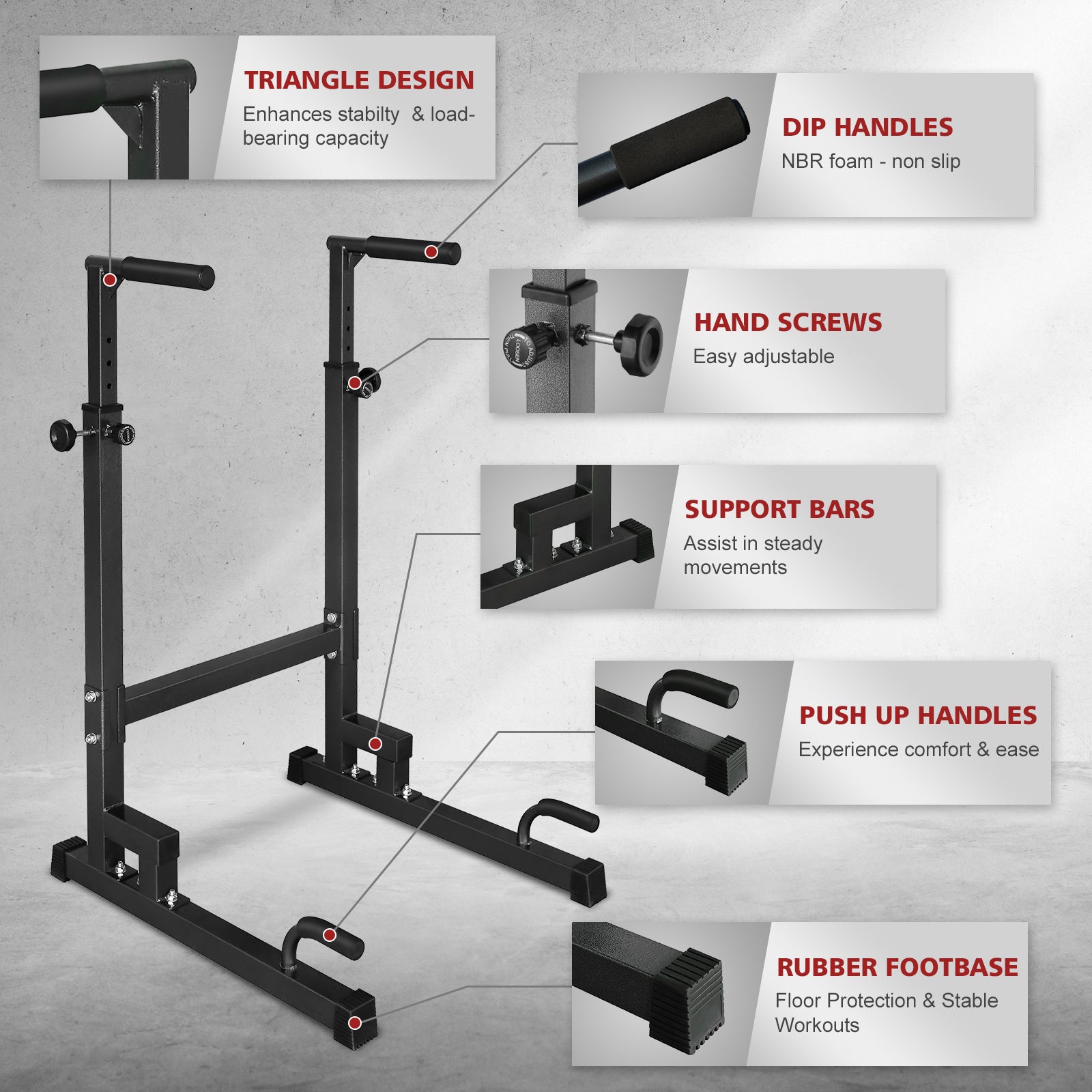 Dip Stand, Adjustable Height, Heavy Duty with Slip-Proof Grips, Multi-Functional for Tricep Dips