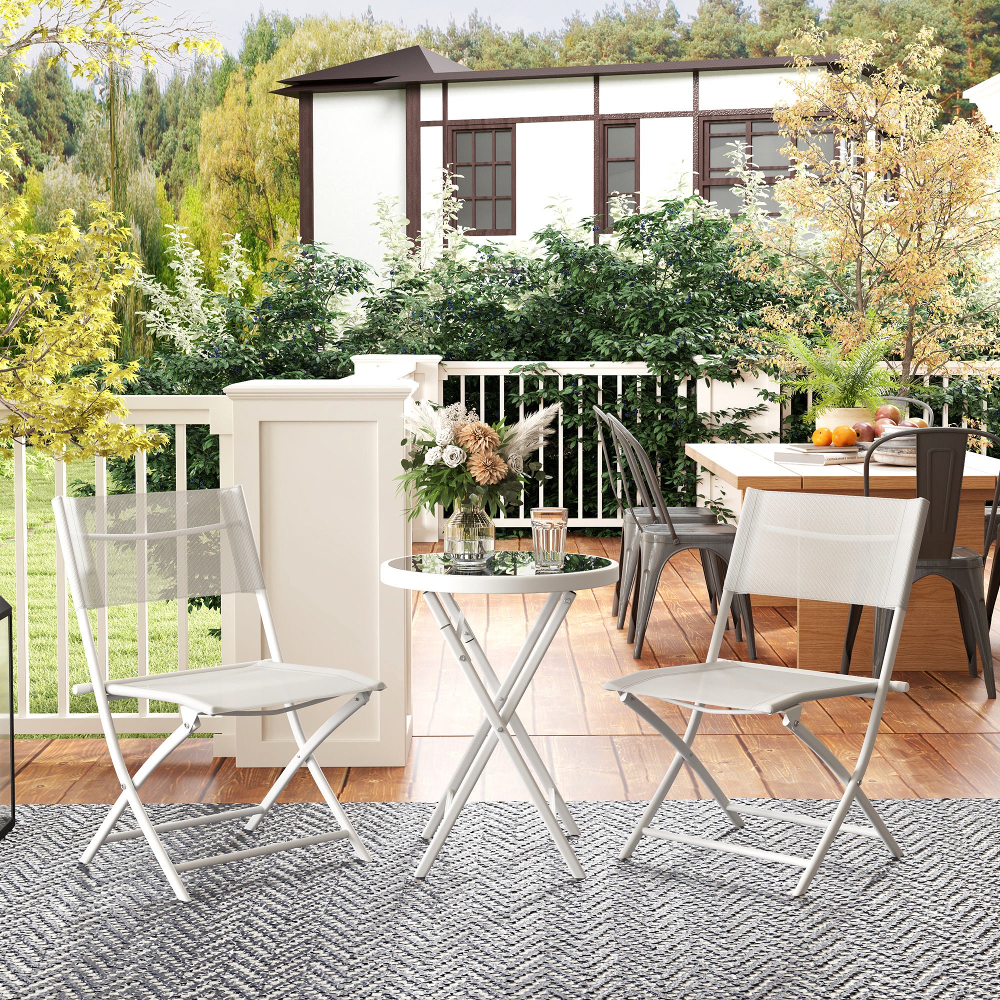 3 Piece Outdoor Bistro Set, Glass Top Table and 2 Folding Chairs, White