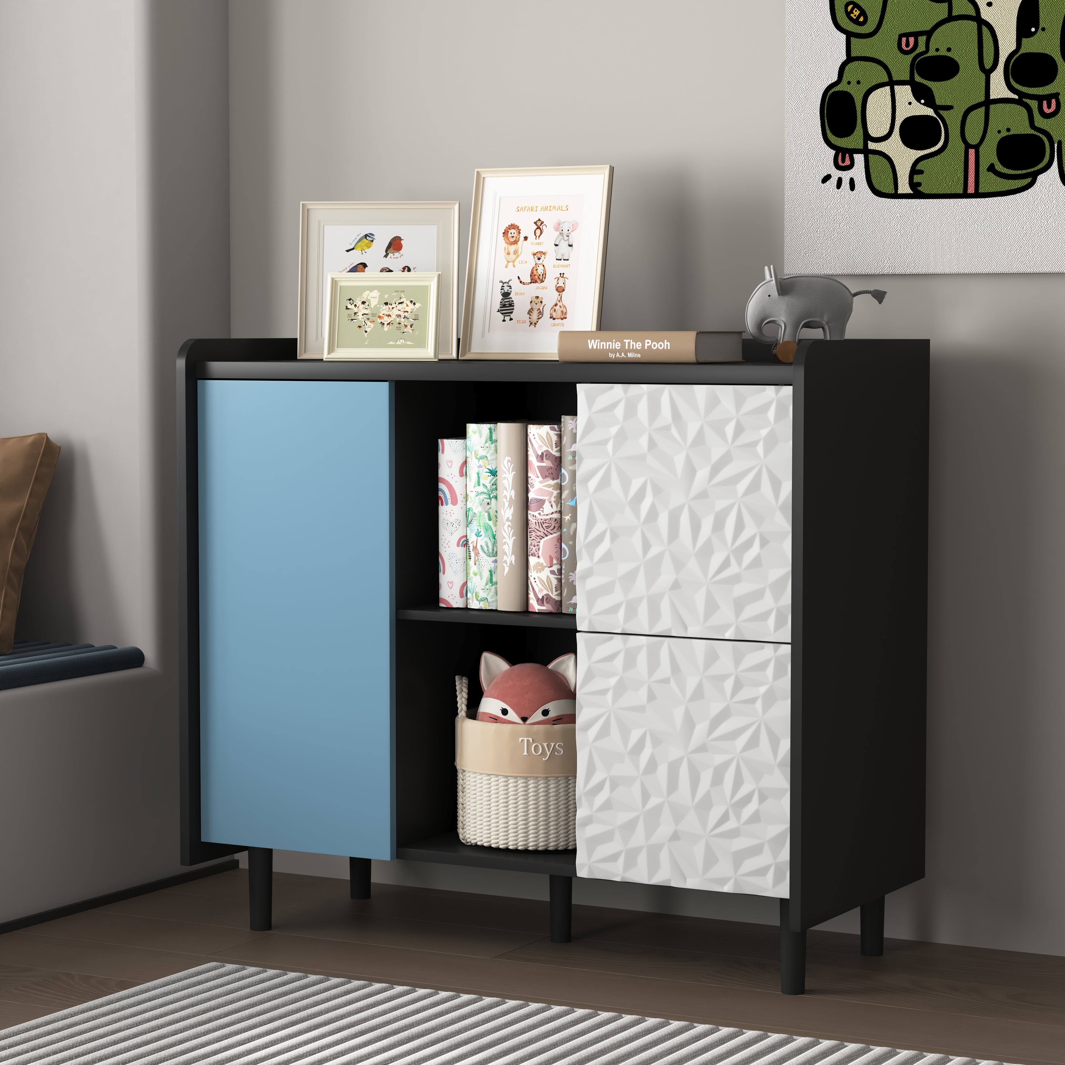 Sideboard Buffet Cabinet 2 Drawers 2 Open Storage - Black/Blue Doors