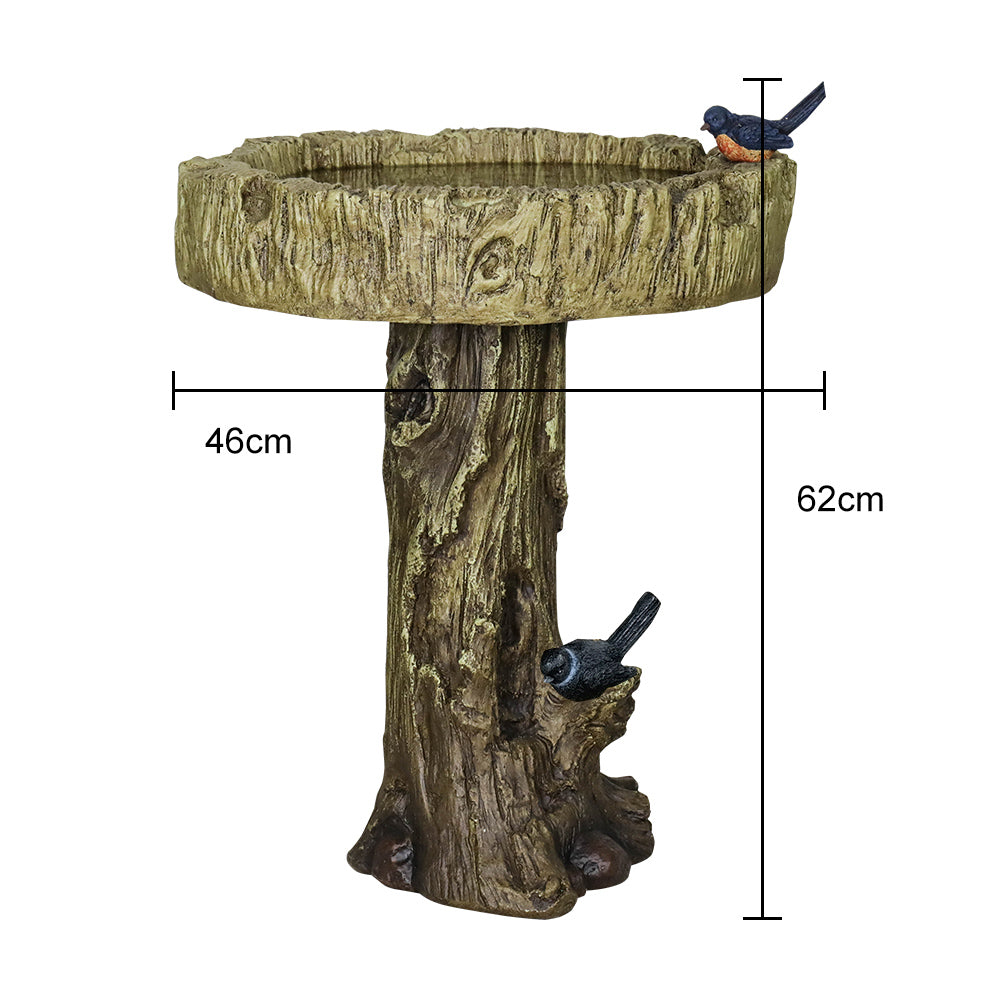 Birdbath concrete wood look with decorative artificial bird