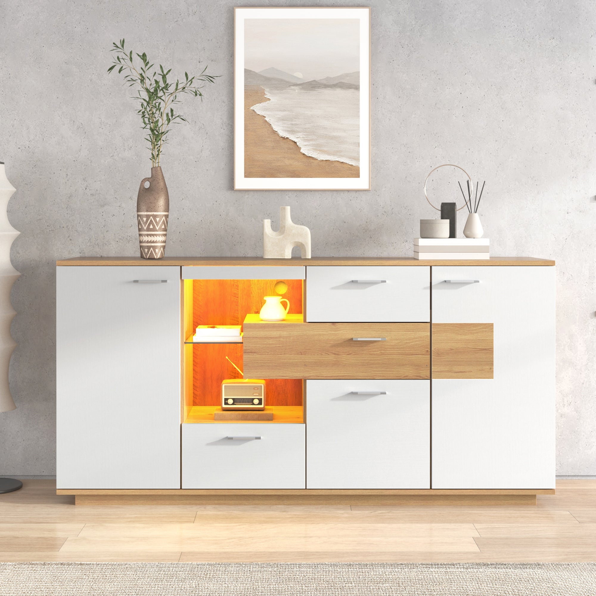 Sideboard Cabinet, 160x40x77cm, LED Lighting, 2 Doors, 4 Drawers, Glass Shelf, White Wood Look