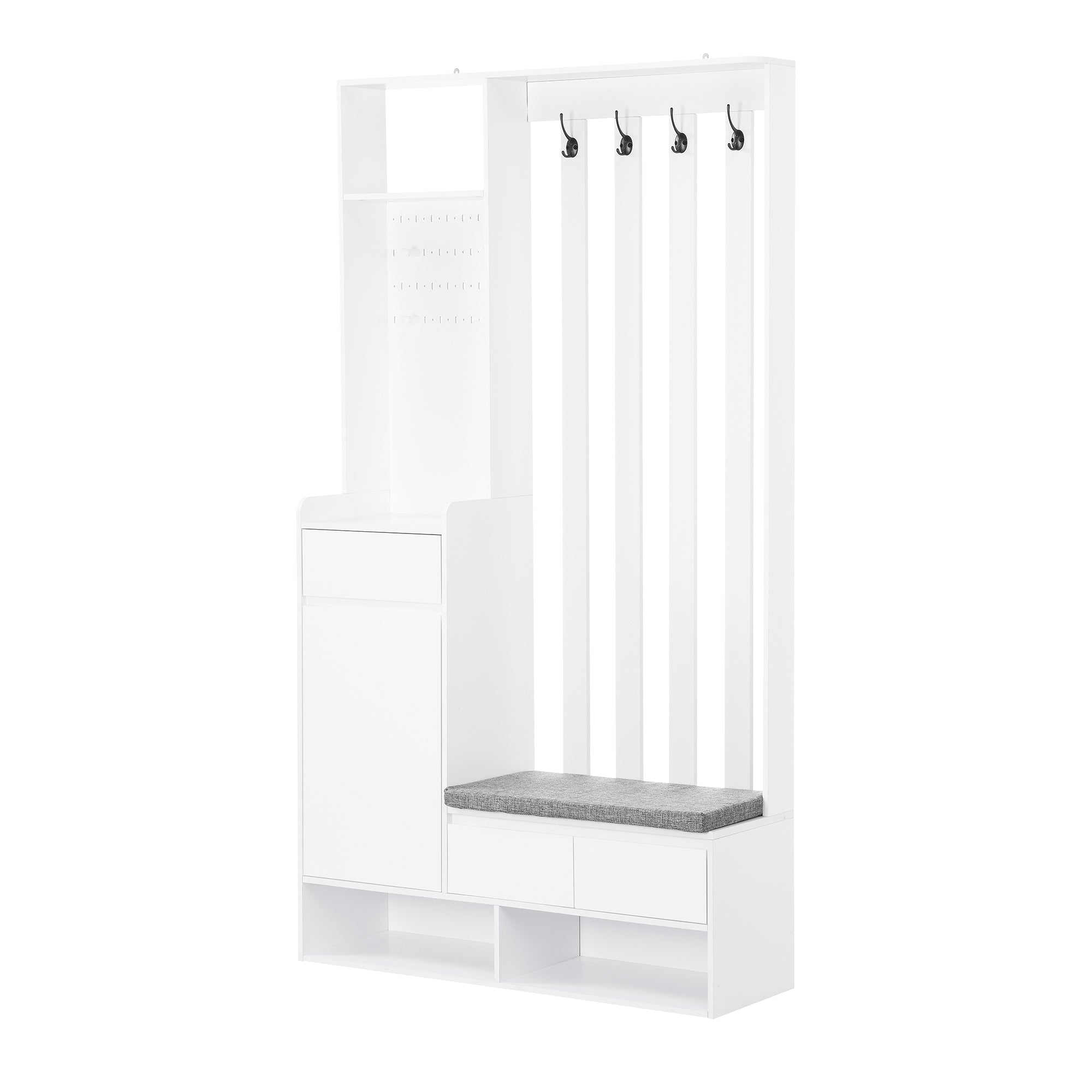 Hallway coat rack with padded storage bench and pegboard, with 4 hooks, white