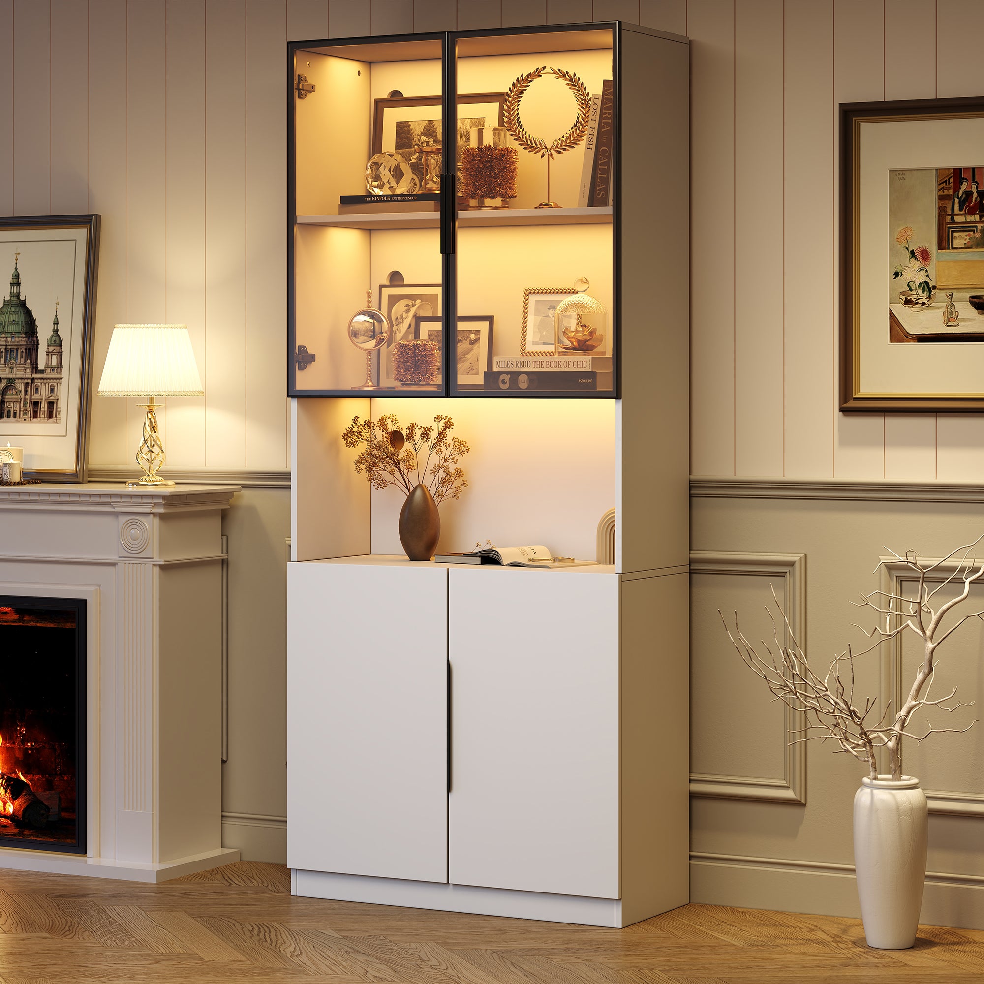 Display Cabinet, Glass Doors LED Lights Bookshelf, White