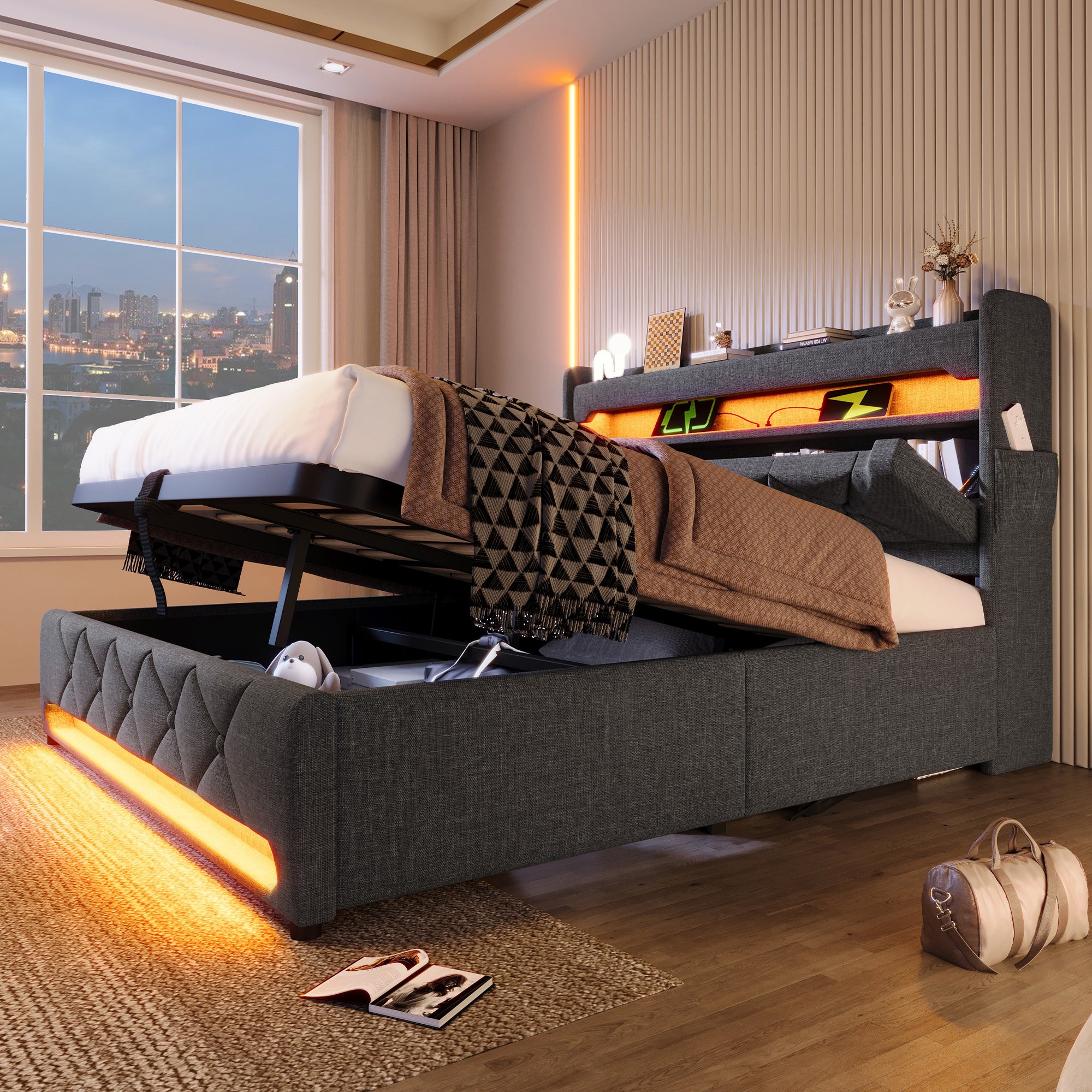 Upholstered Double Bed 160x200, USB & Type-C, 360-LED, Hydraulic Storage, Gray Linen