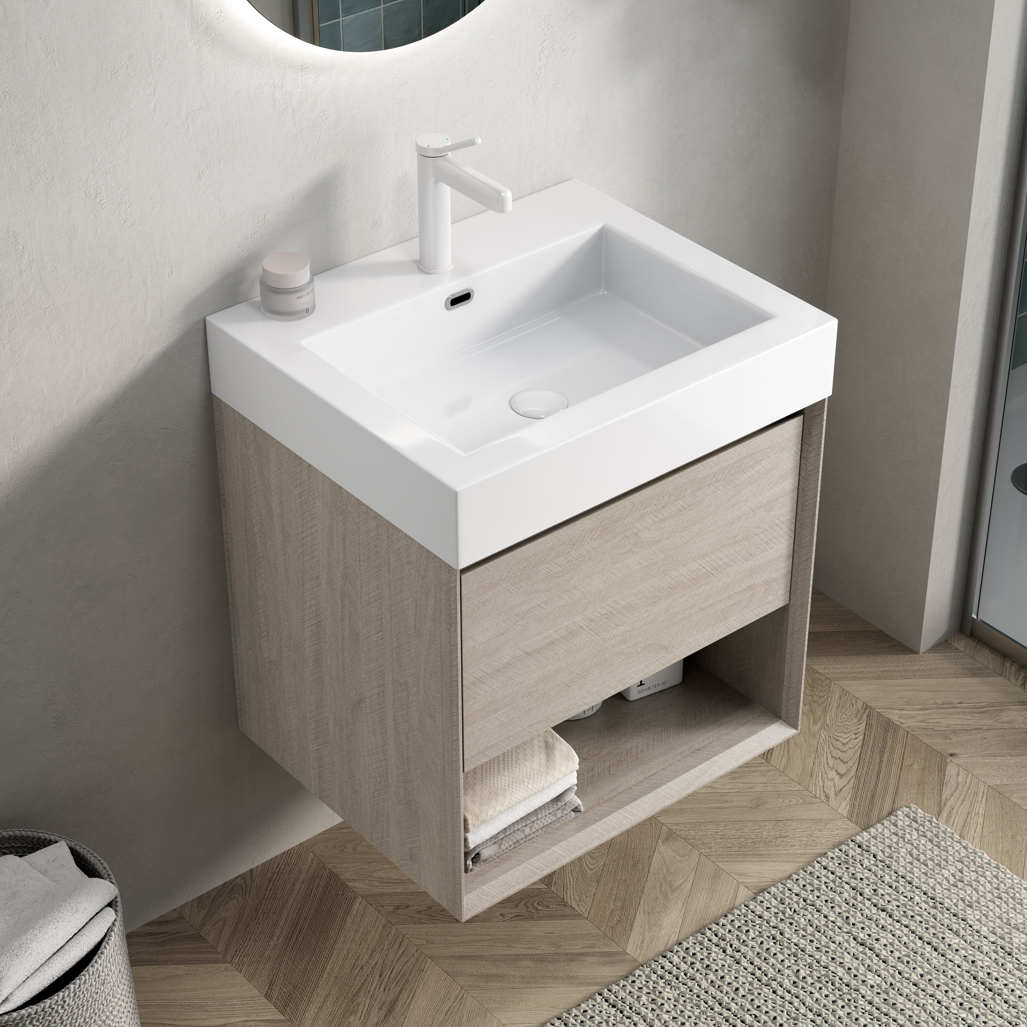 Wall-Mounted Bathroom Vanity Unit with Resin Basin and Storage, Light Oak Wood Grain Plywood