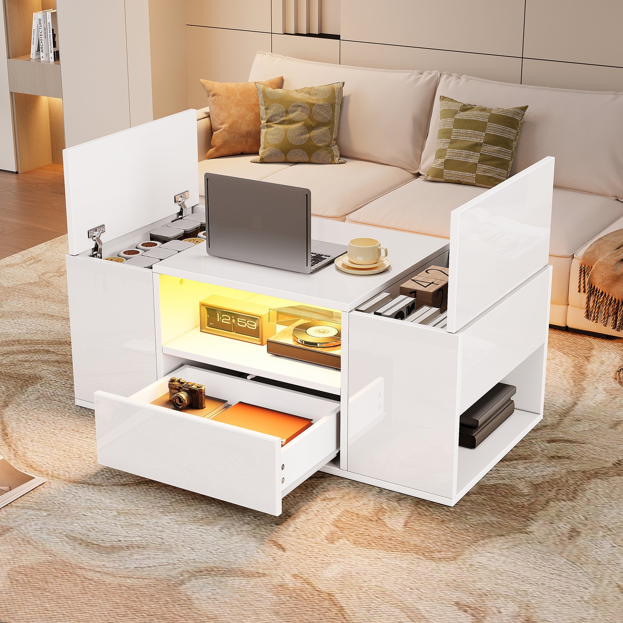 Coffee Table 100x50x40cm High-Gloss LED Light 6 Storage Compartments - White
