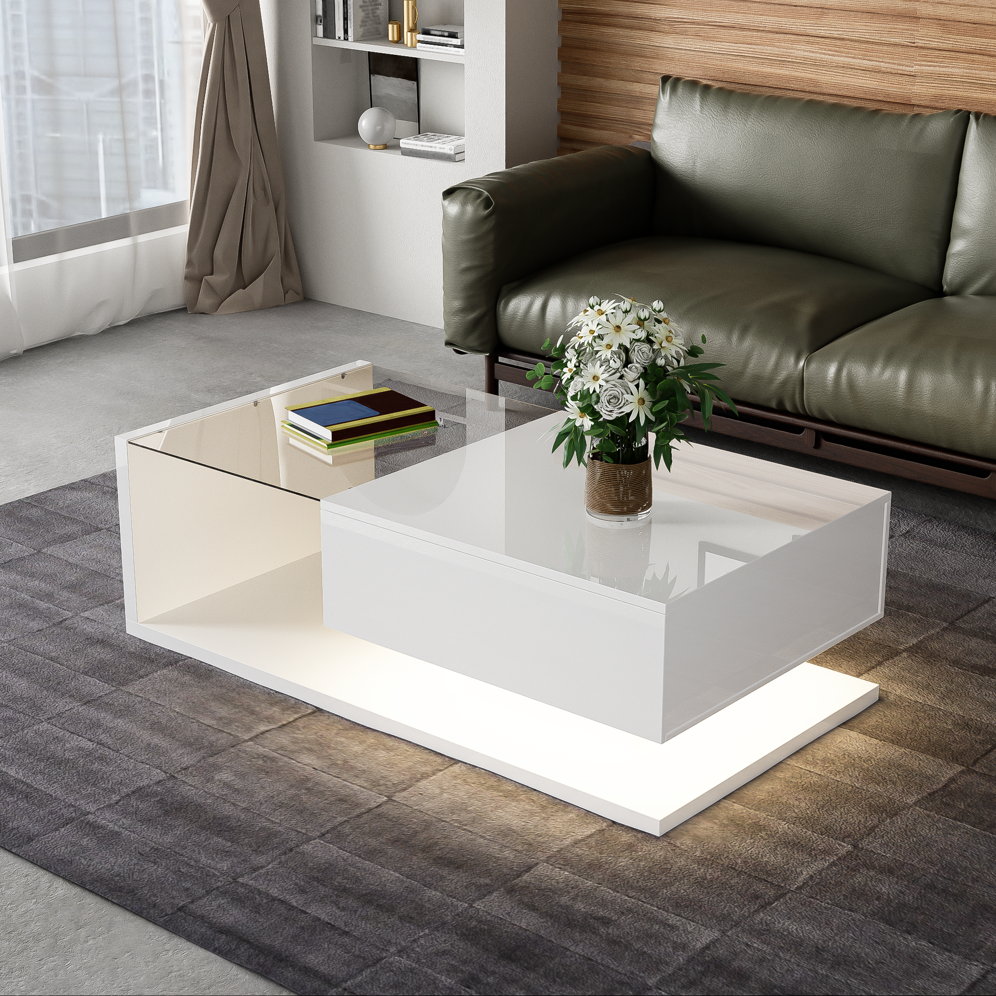 Coffee table, high-gloss white
  Side table, coffee table, with glass and LED effect