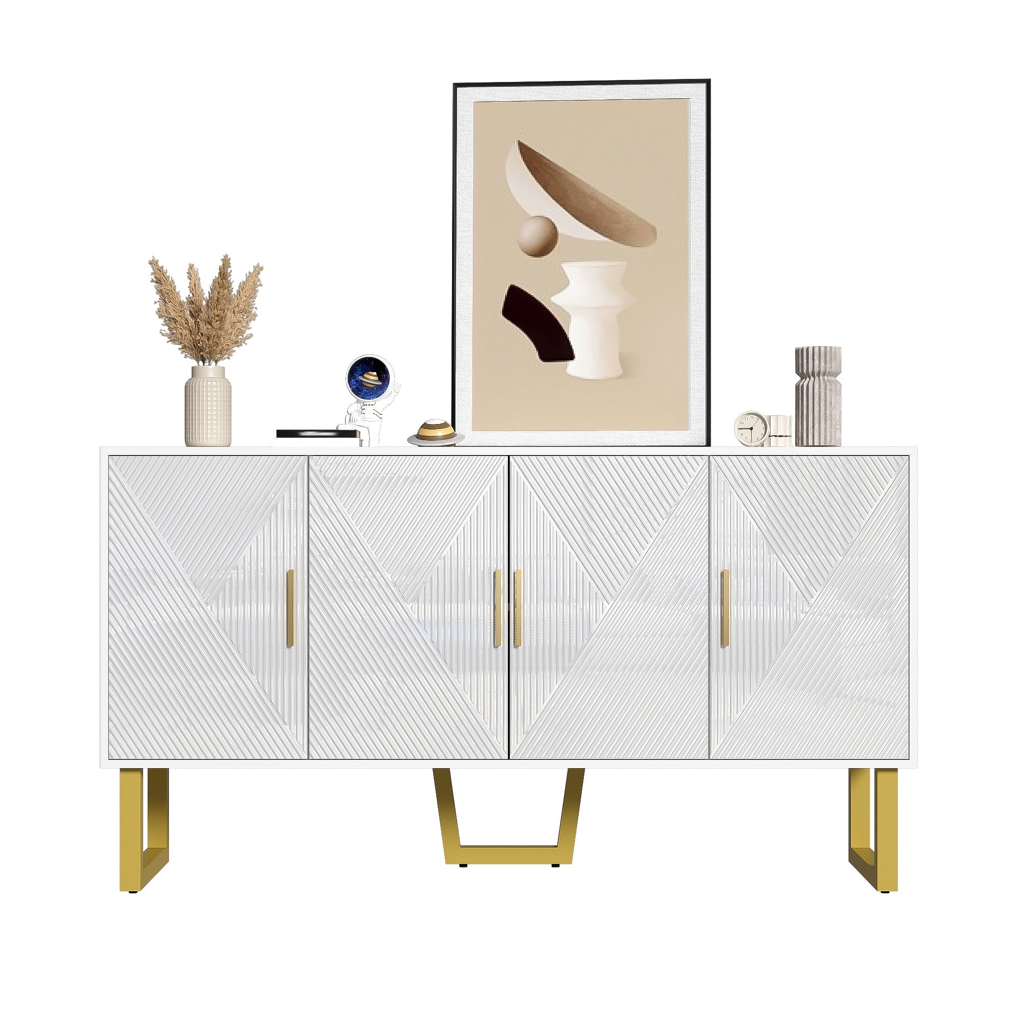 Sideboard, 150cm Modern Luxurious 4-Door with Adjustable Shelves, White High-Gloss
