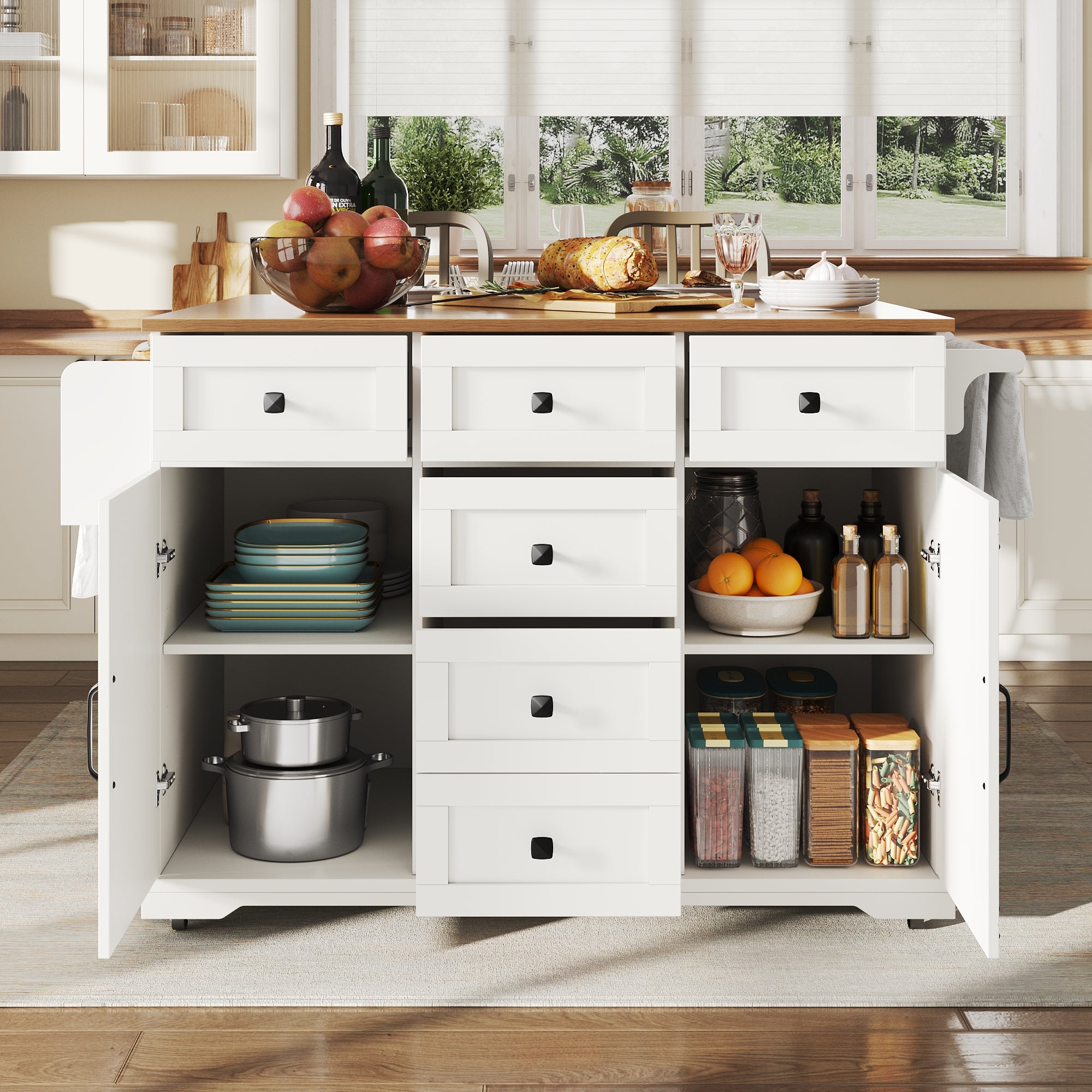 Kitchen Island Serving Trolley - Storage Wood Grain - White