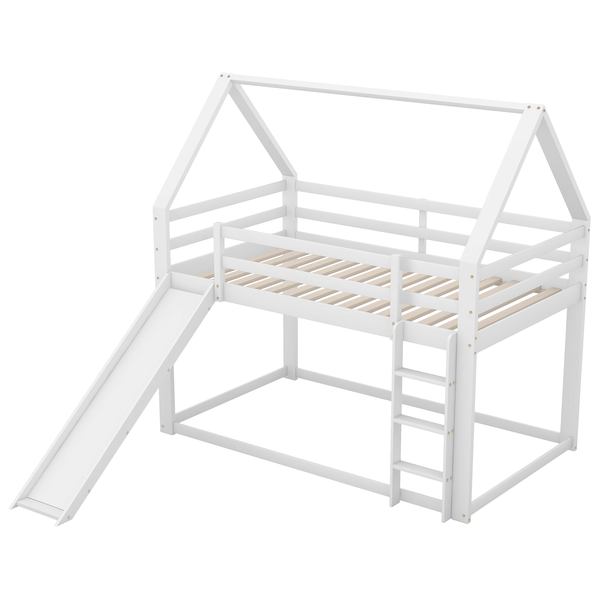 Single House Bunk Bed with Slide and Ladder, 90x200cm, White