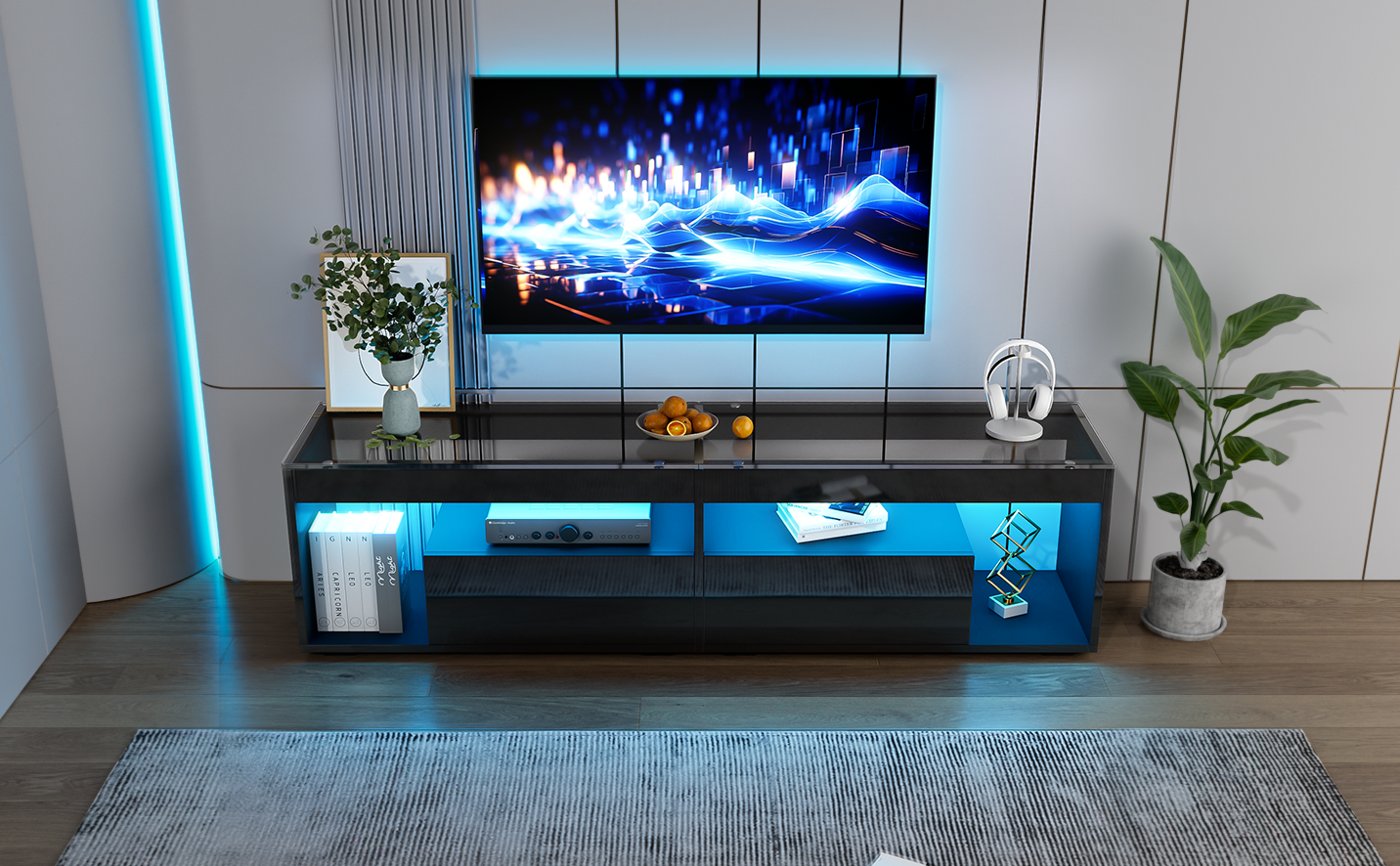 TV Cabinet, LED High-Gloss 70-inch with 2 Drawers, Black