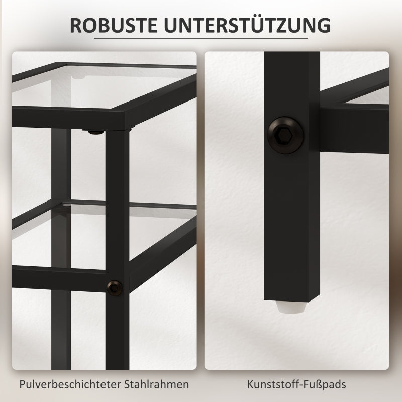 Side Table, 3 Levels Tempered Glass with Steel Frame, Black