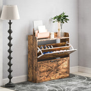 Two Flip Drawer Narrow Shoe Cabinet Adjustable Shelves Rustic Brown