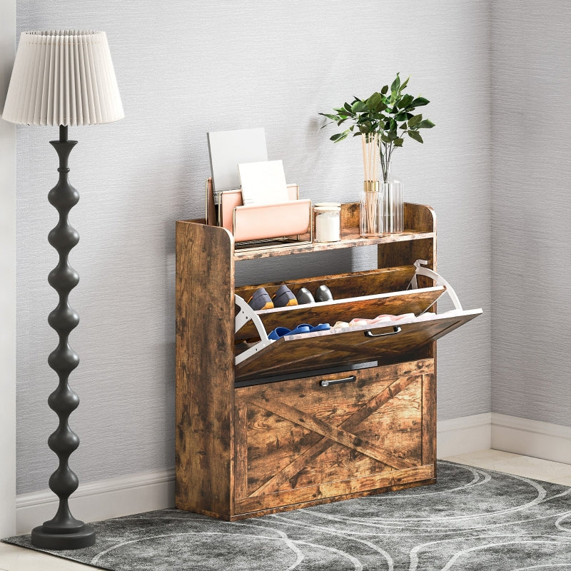 Two Flip Drawer Narrow Shoe Cabinet Adjustable Shelves Rustic Brown