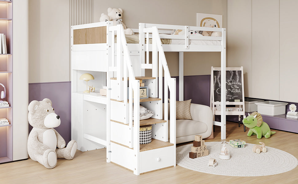 Bunk Bed with Safety Gate, Desk & Storage, Pine+MDF White+Natural
