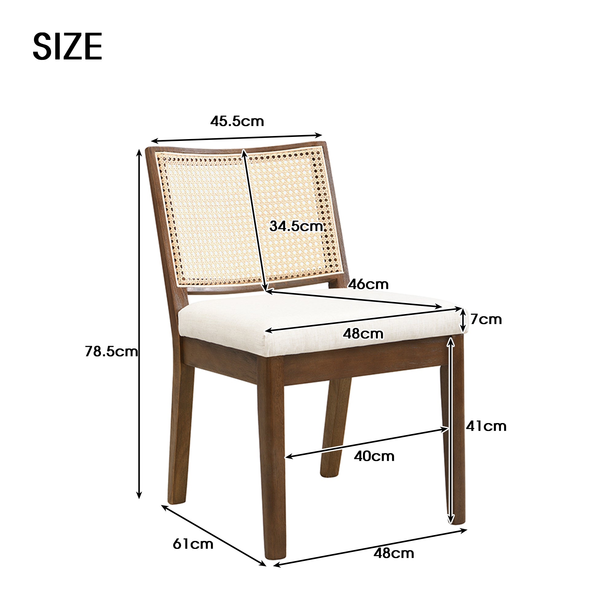 Solid Wood Dining Chairs with Rattan Backrests, Set of 2, Walnut and Linen
