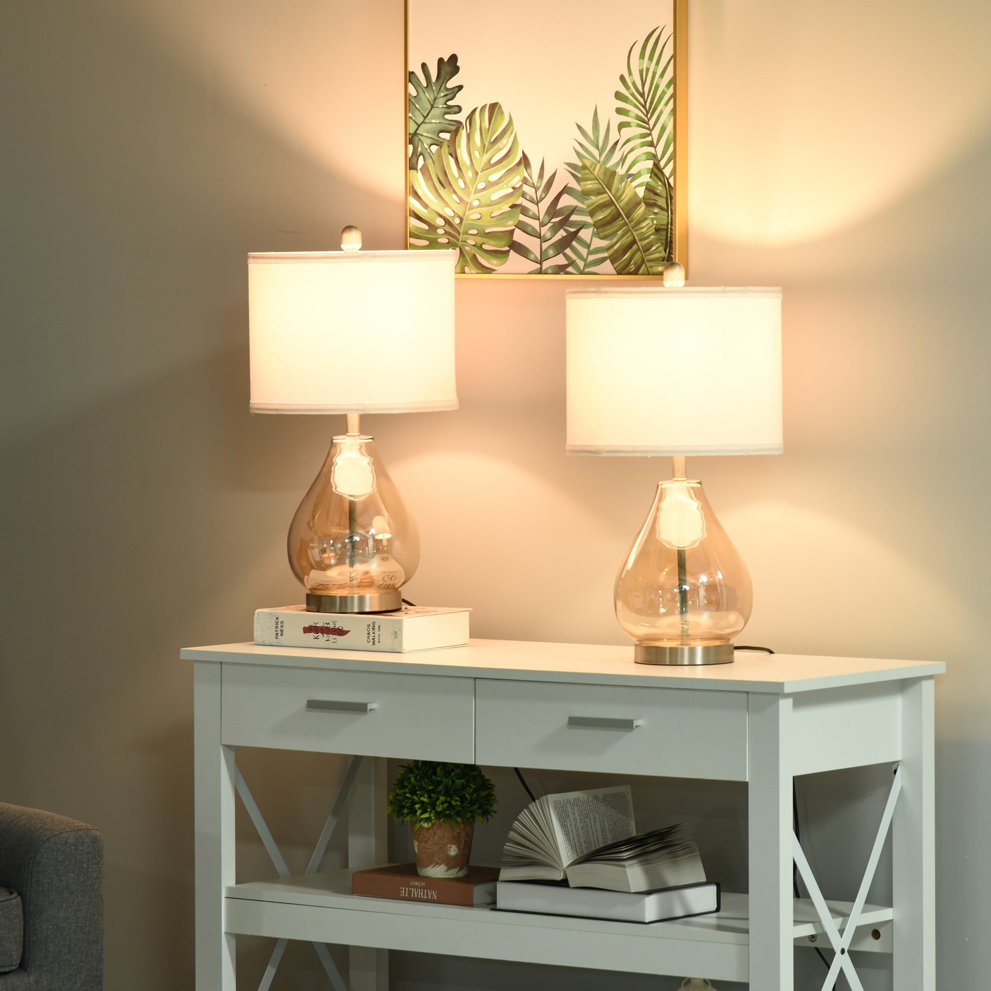 Table Lamp Set of 2 Bedside Lamps E27 Socket 40W Glass Linen Steel Amber