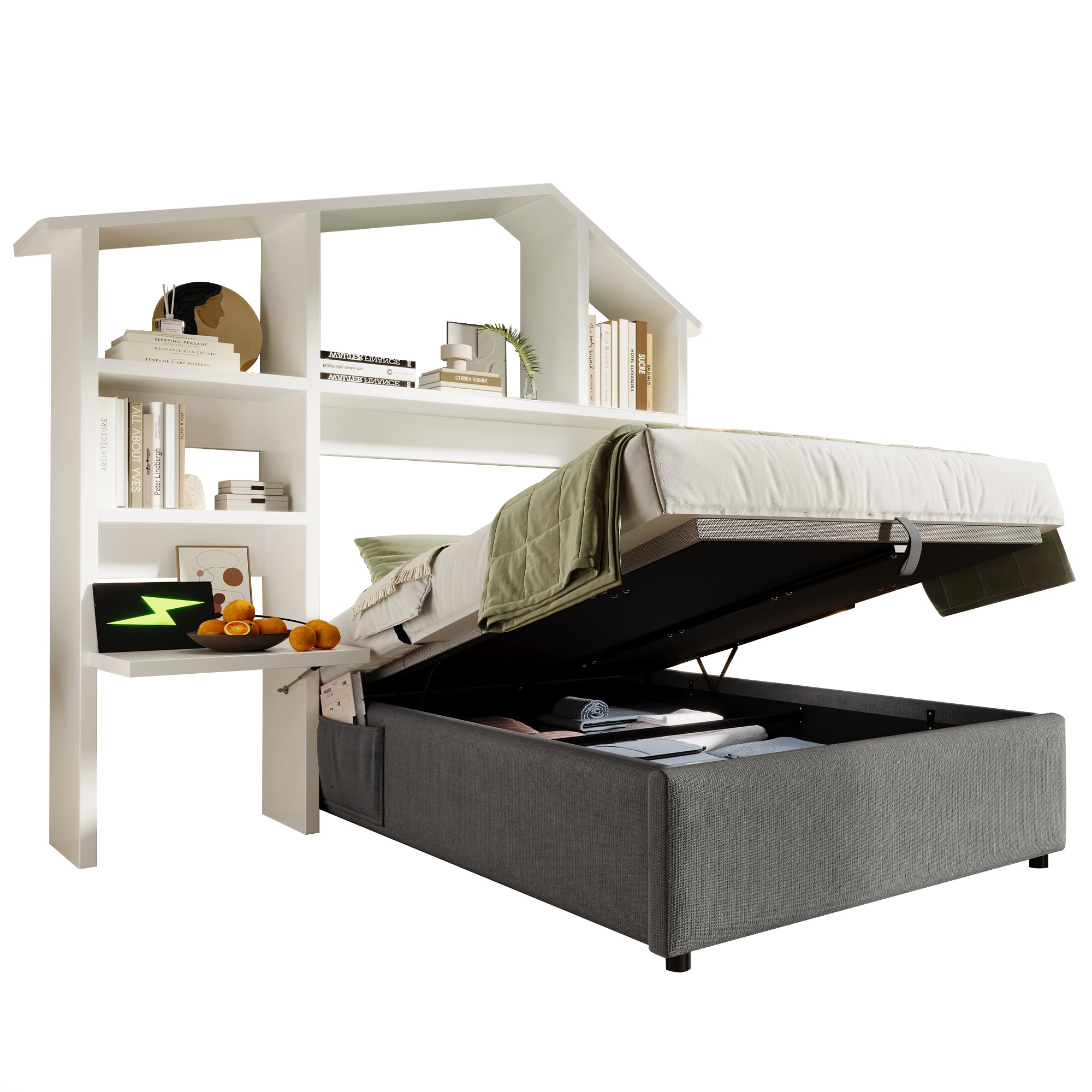 Children's Upholstered Bed, 90x190cm, Hydraulic Storage, USB-C, Linen Grey