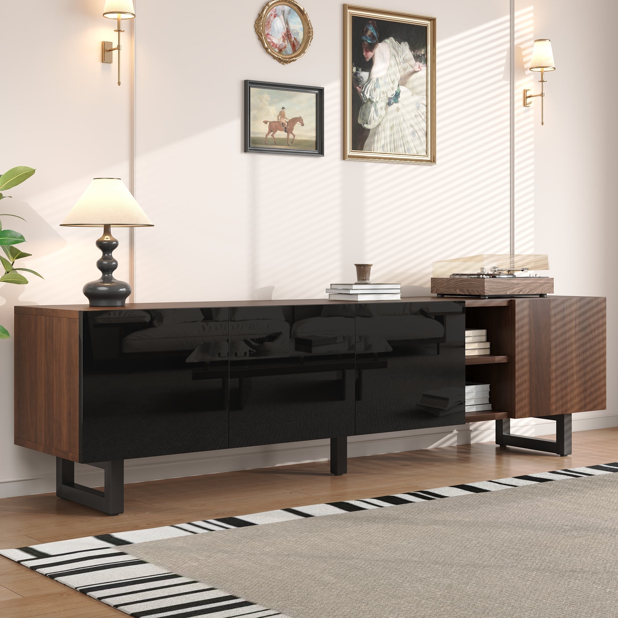 TV Cabinet with Four Doors, Low Stand, Vintage Wood Grain