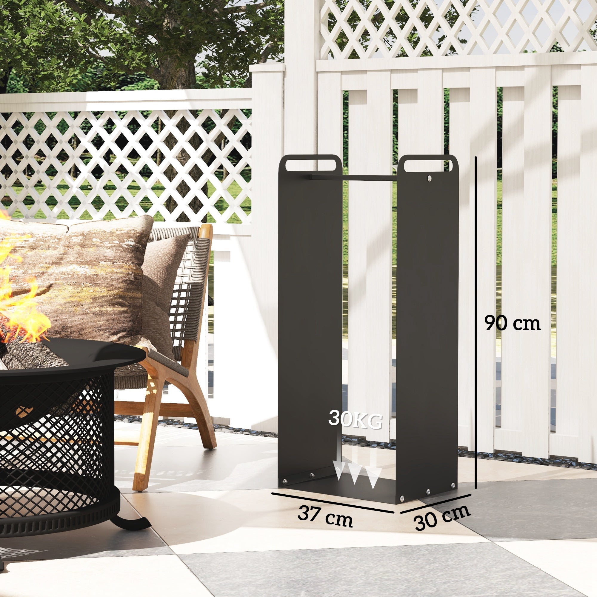 Firewood Rack 36x30x90cm Handles Indoor/Outdoor 30kg Load, Steel Black