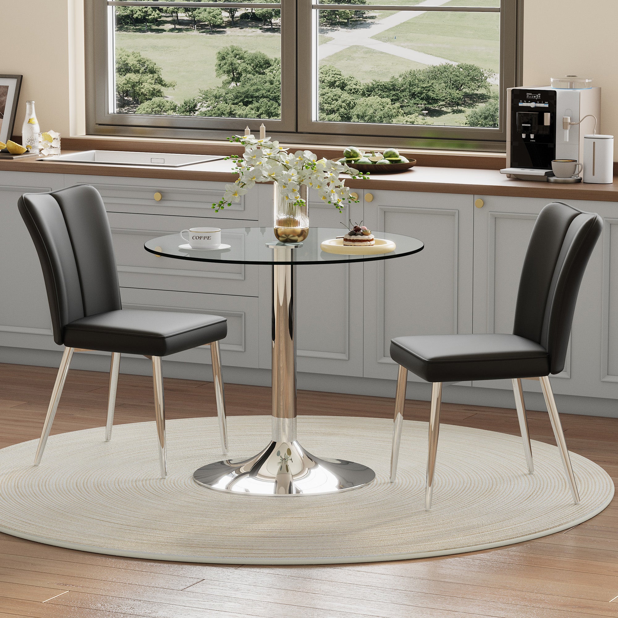 Dining Table Set, 85 cm Tempered Glass Table with 2 Chairs, Black PU