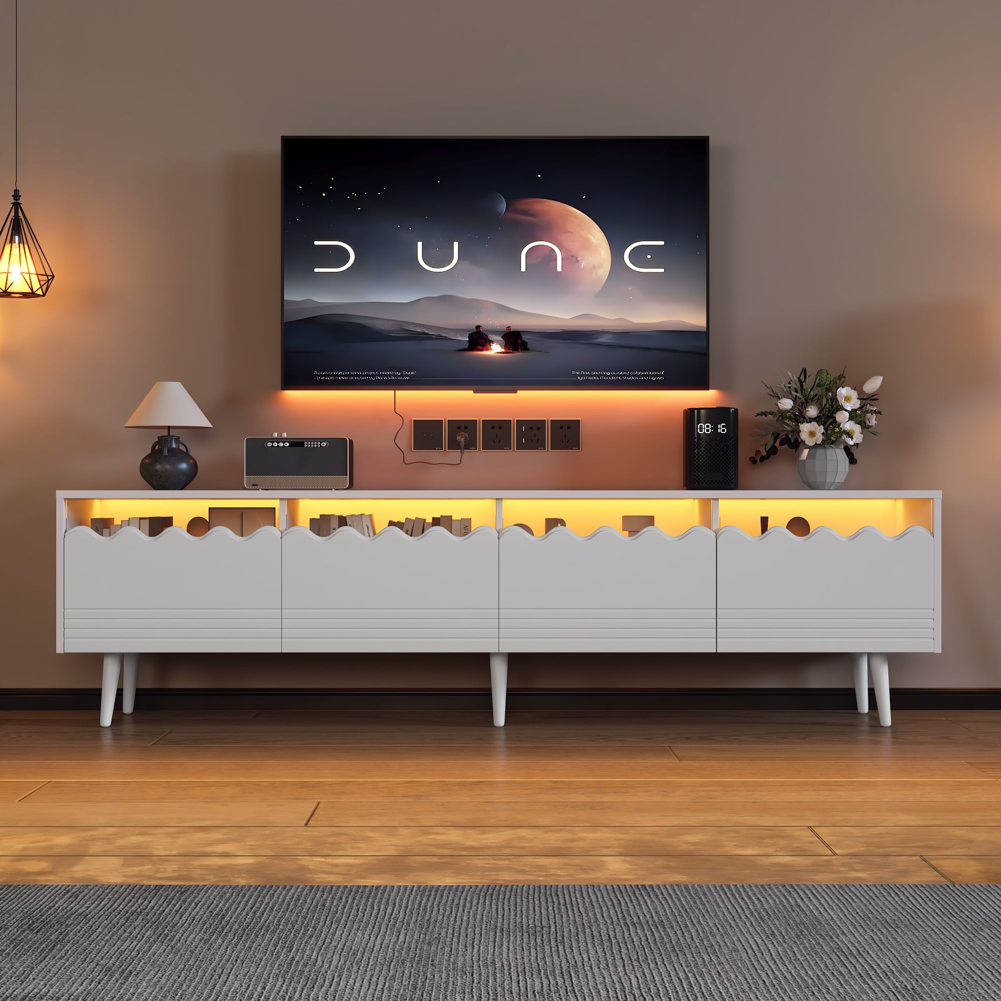 TV Stand, 176x38x45cm Lowboard with 2 Drawers & 2 Cabinets for up to 75 inch TVs, White