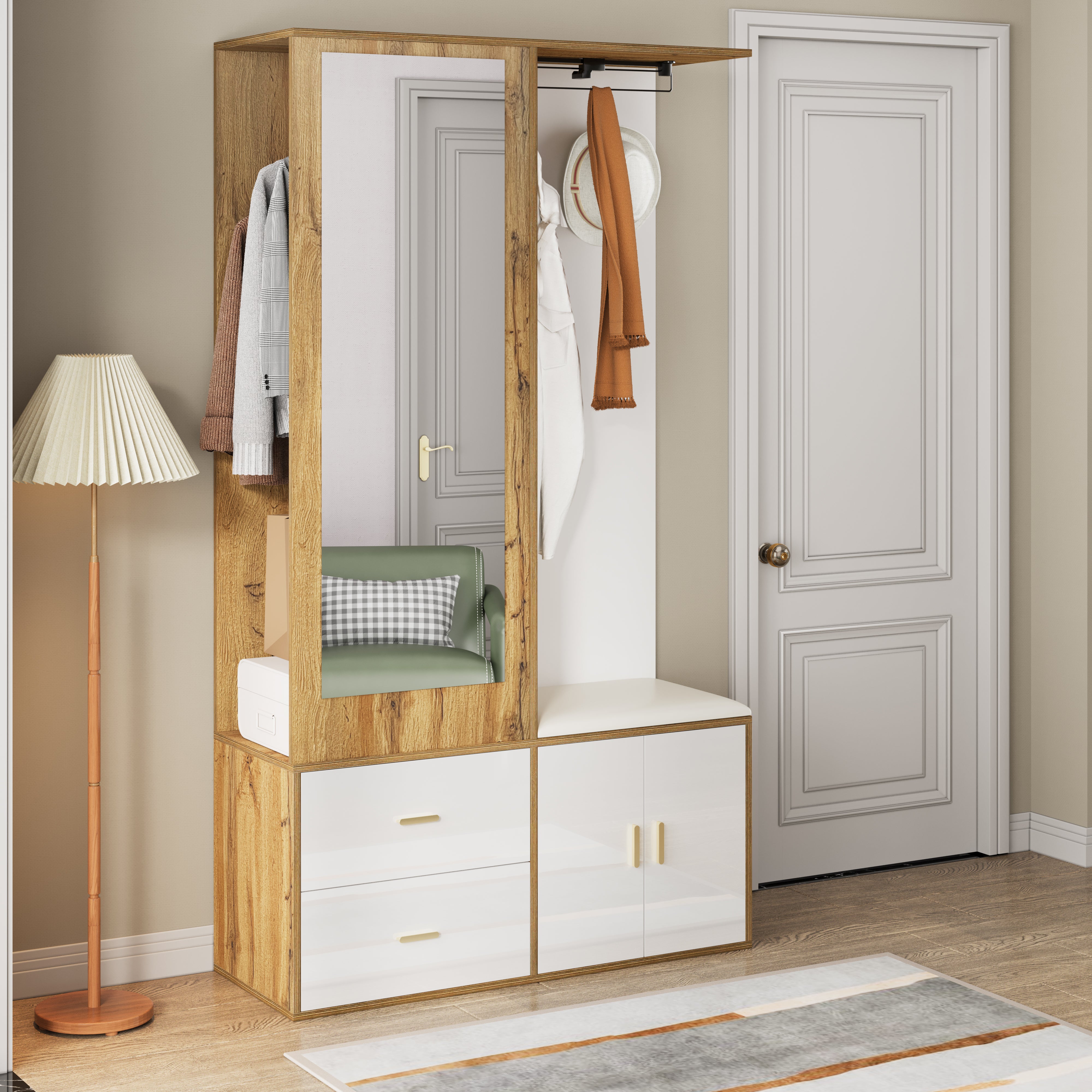 Wardrobe Set with Mirror, Shoe Cabinet & Bench, White and Wood