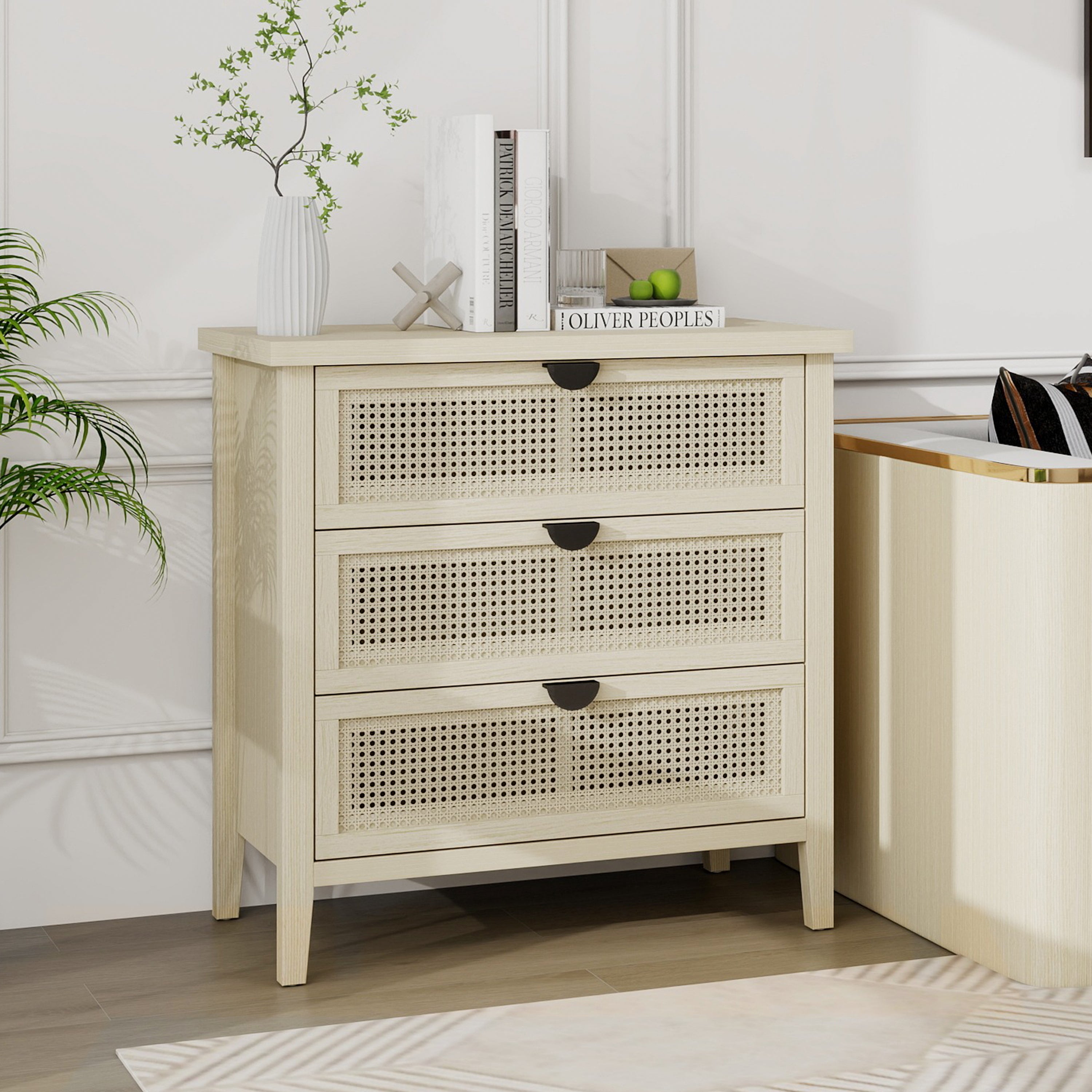 Side Cabinet 31.5" Three-Drawer Storage Natural Wood Look