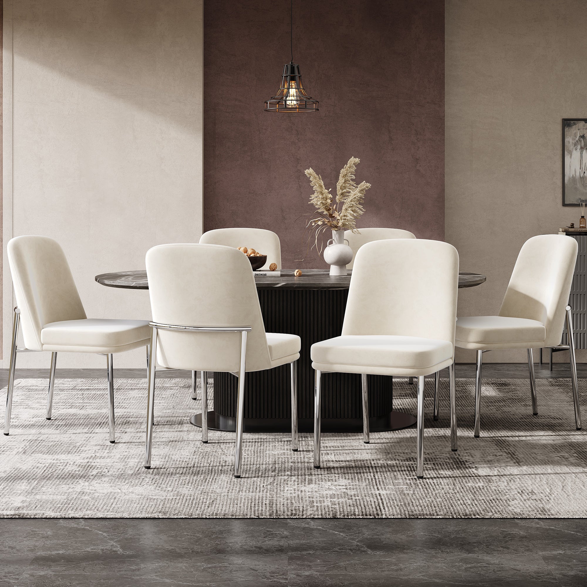 Dining Chairs, Set of 6, Thick Seat Cushions, Metal Legs, Beige Velvet